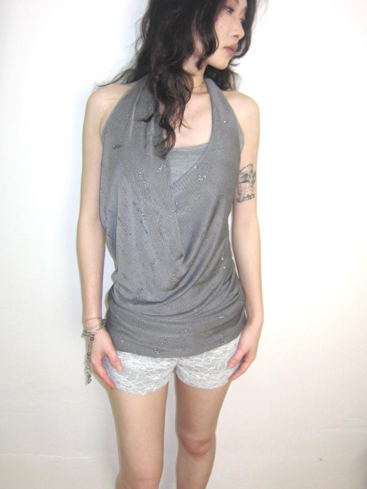 OPEN AESTHETIC Silver Gray Shimmer Draped Plunge Slim Women&