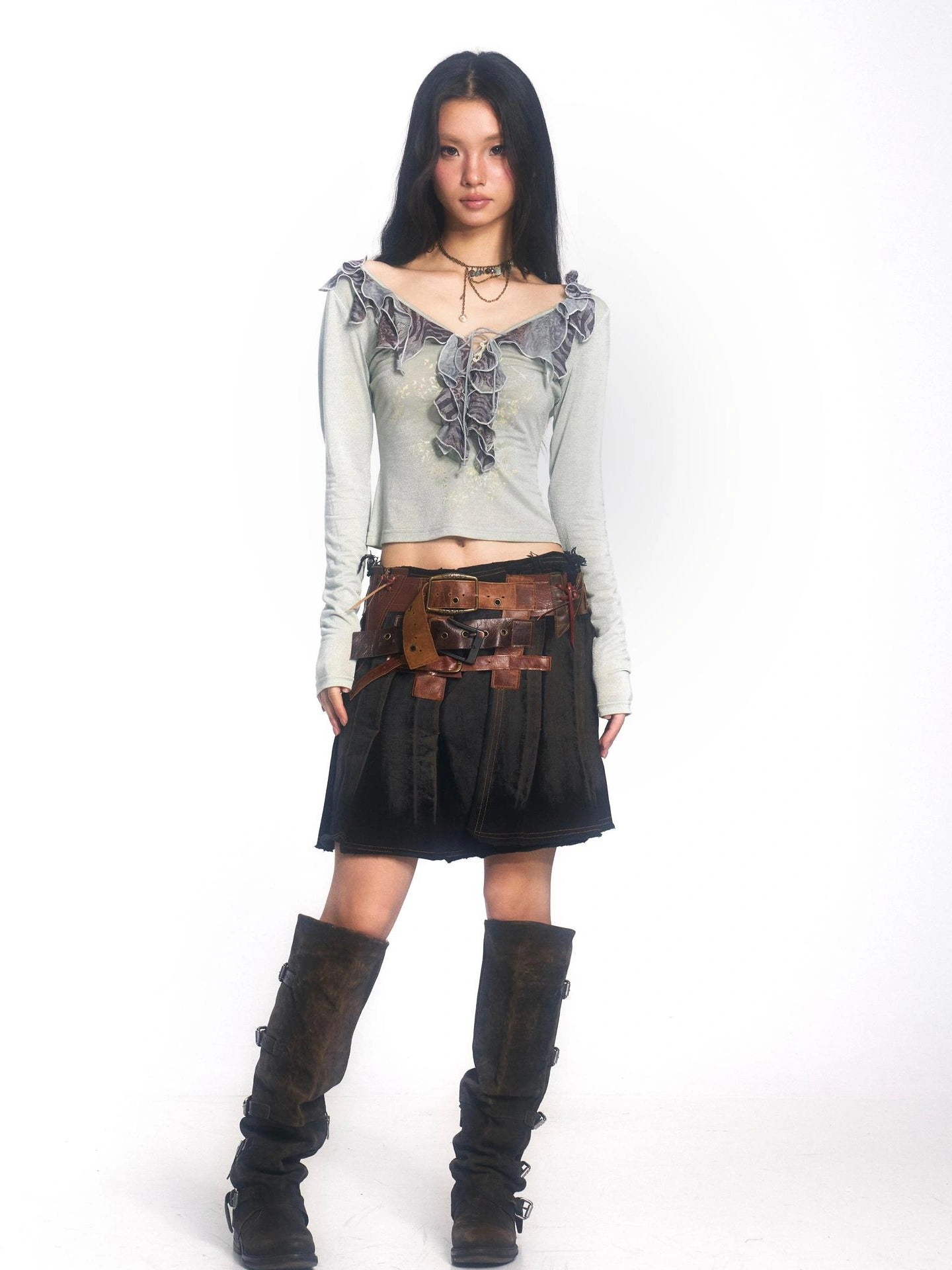 OPEN AESTHETIC Skin Friendly Breathable Cotton V Neck Long Sleeve Loose Light Green T-Shirt