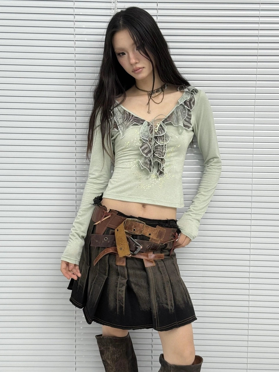 OPEN AESTHETIC Skin Friendly Breathable Cotton V Neck Long Sleeve Loose Light Green T-Shirt