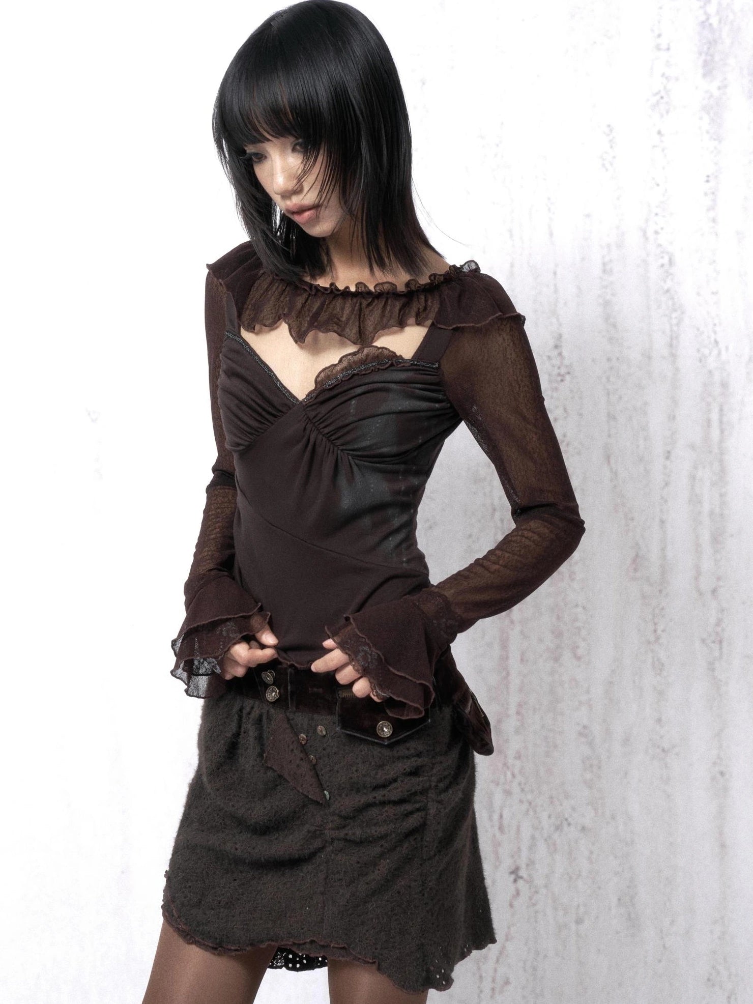 OPEN AESTHETIC Soft Vintage Slim Fit Long Bell Sleeves Women Brown Lace Cotton Knit T-Shirt