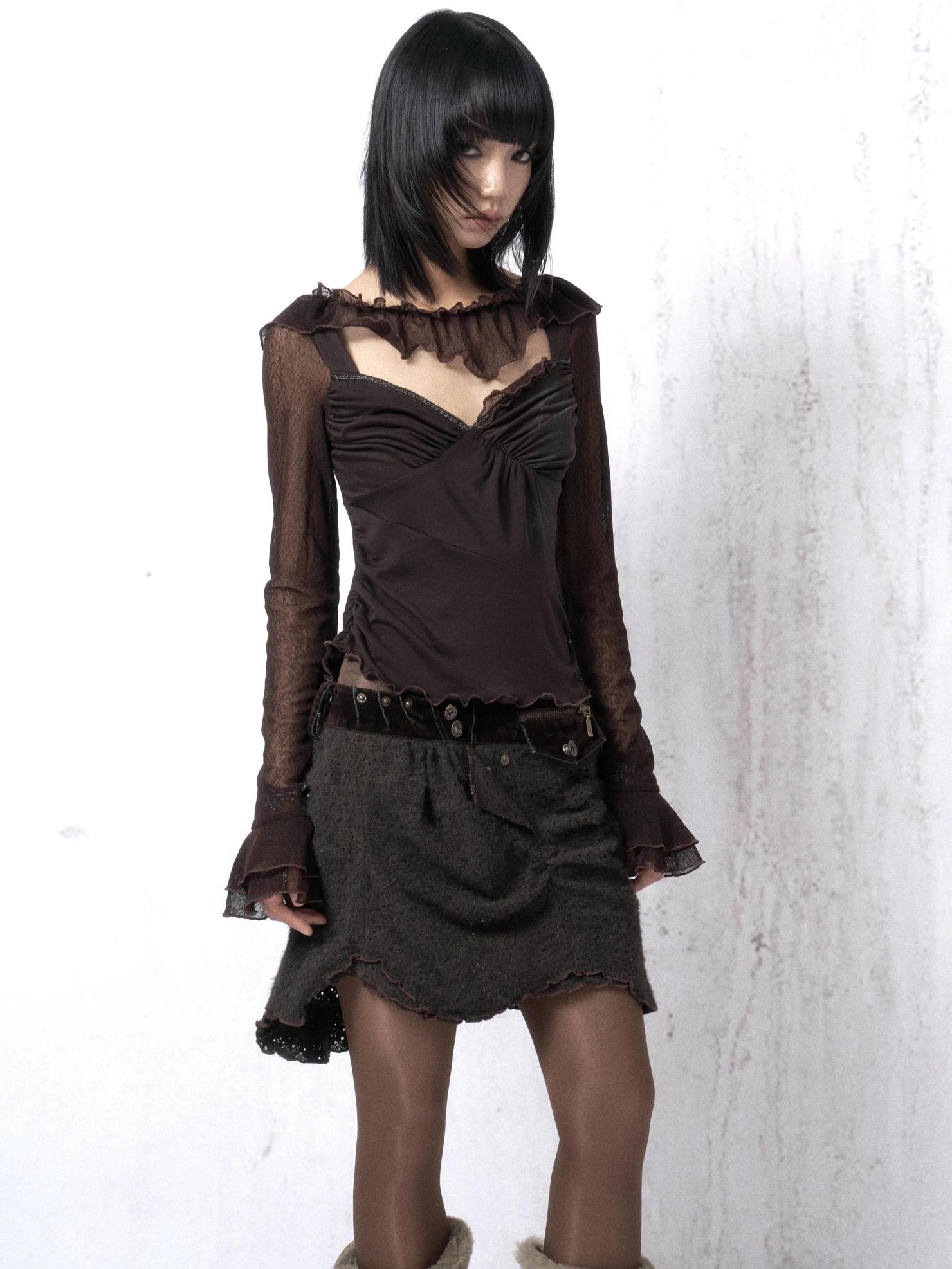 OPEN AESTHETIC Soft Vintage Slim Fit Long Bell Sleeves Women Brown Lace Cotton Knit T-Shirt