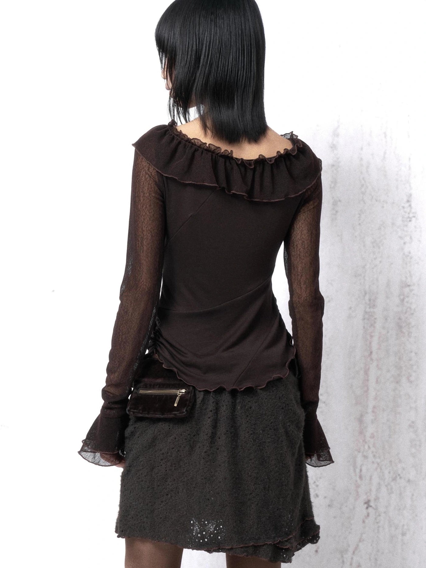 OPEN AESTHETIC Soft Vintage Slim Fit Long Bell Sleeves Women Brown Lace Cotton Knit T-Shirt