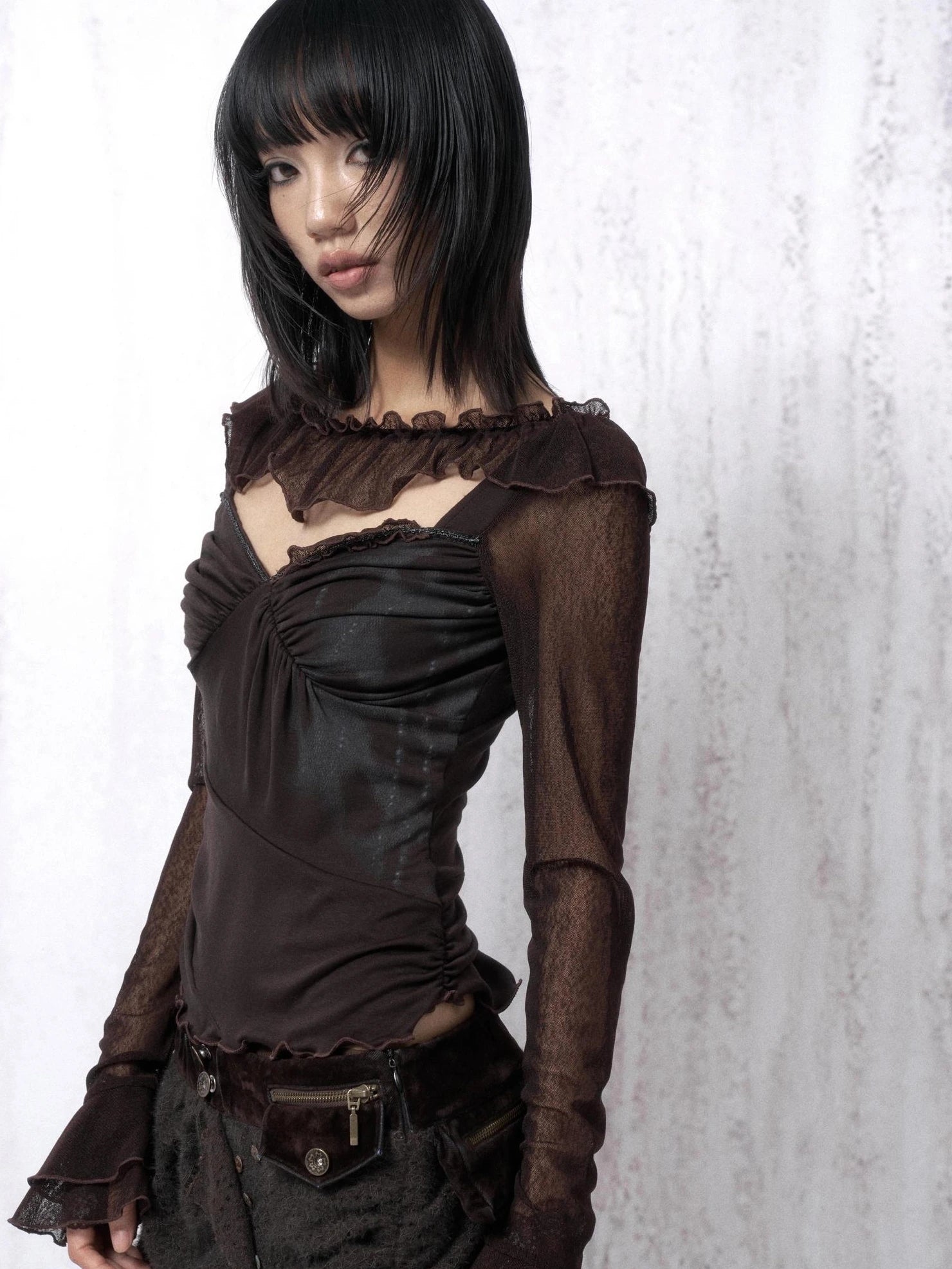 OPEN AESTHETIC Soft Vintage Slim Fit Long Bell Sleeves Women Brown Lace Cotton Knit T-Shirt