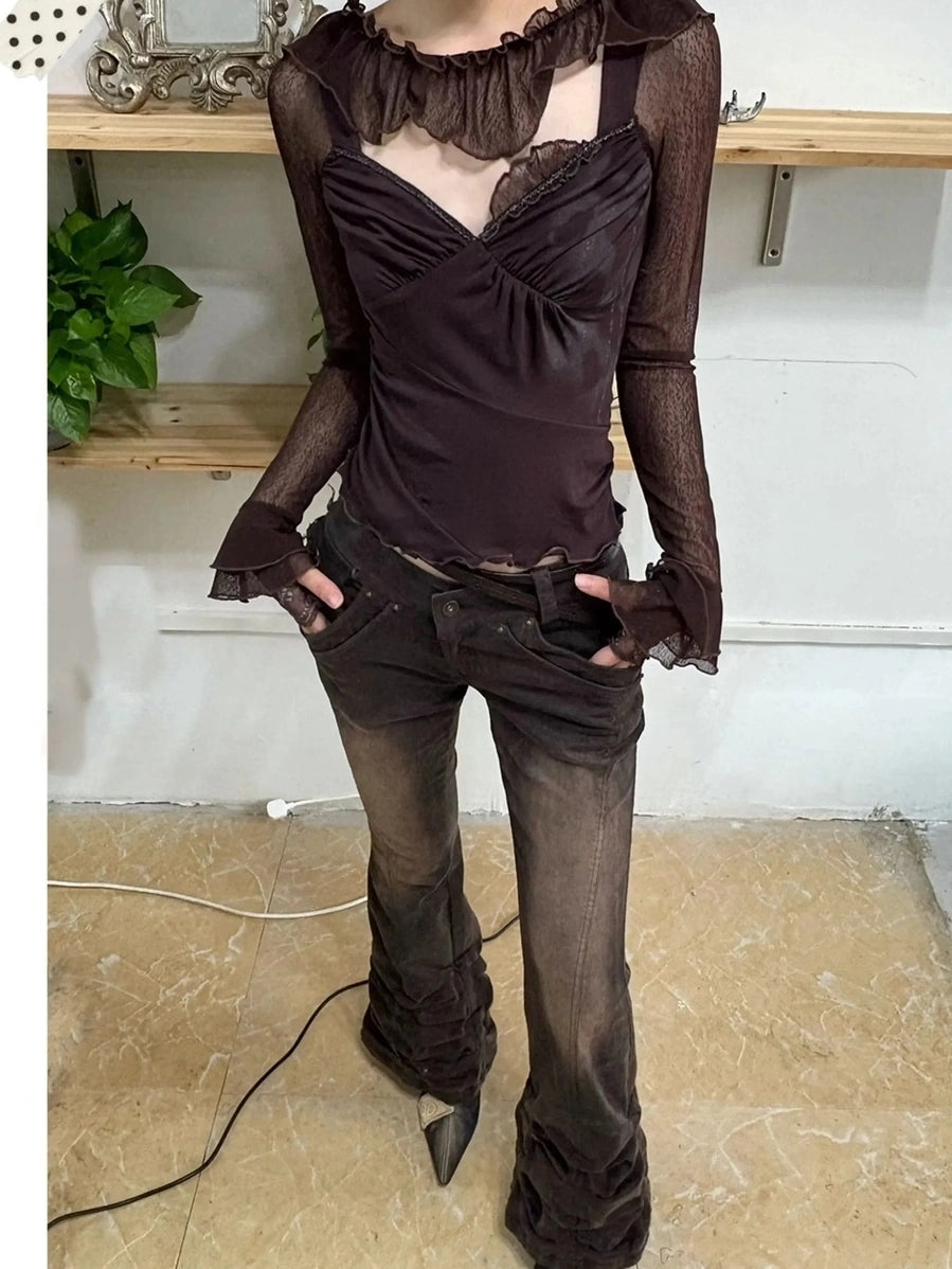 OPEN AESTHETIC Soft Vintage Slim Fit Long Bell Sleeves Women Brown Lace Cotton Knit T-Shirt