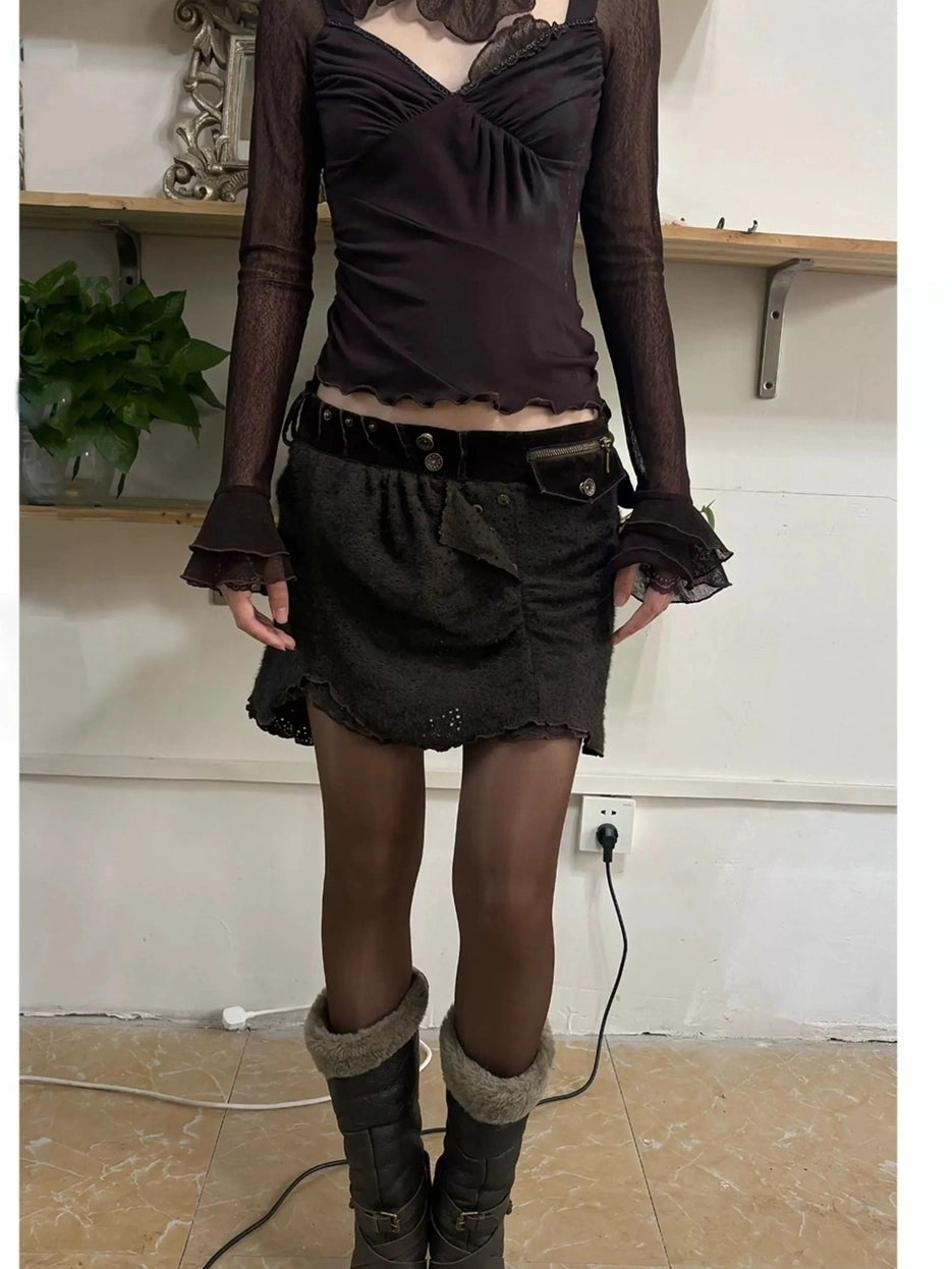 OPEN AESTHETIC Soft Vintage Slim Fit Long Bell Sleeves Women Brown Lace Cotton Knit T-Shirt