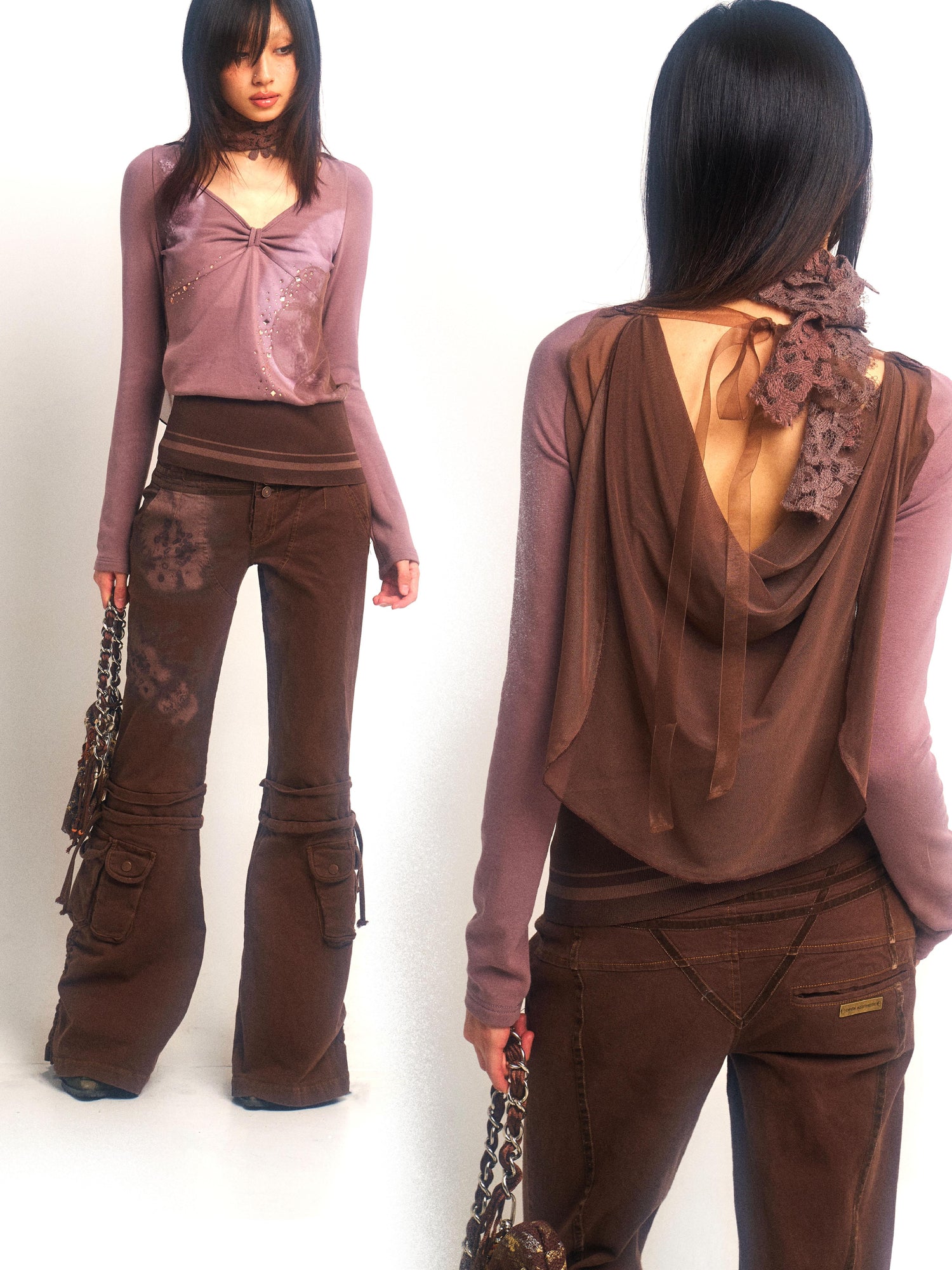 Update OPEN AESTHETIC Stretch Knit Mesh Hooded Top With Floral Print And Rhinestones