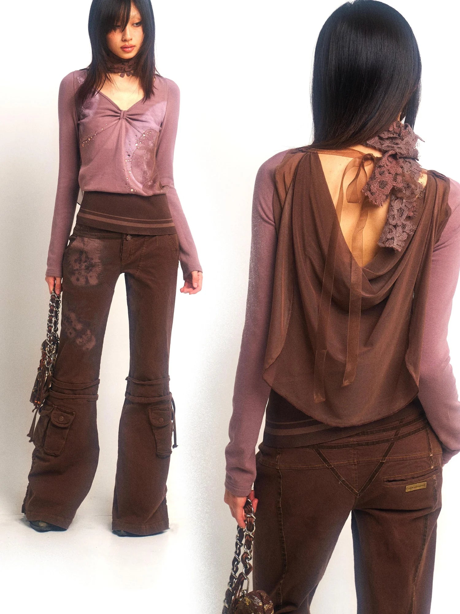 Stretch Knit Mesh Hooded Top With Floral Print And Rhinestones