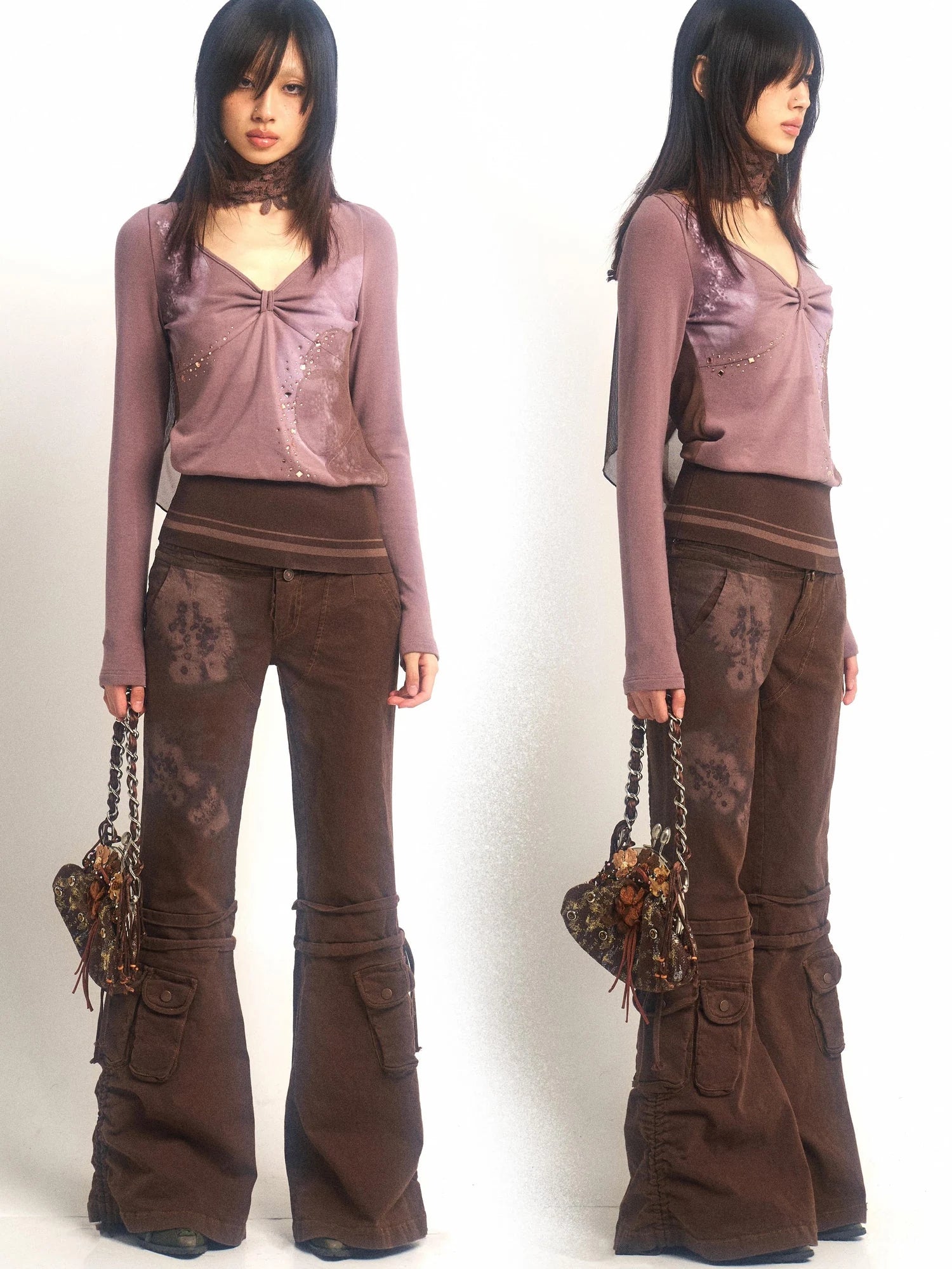 Stretch Knit Mesh Hooded Top With Floral Print And Rhinestones