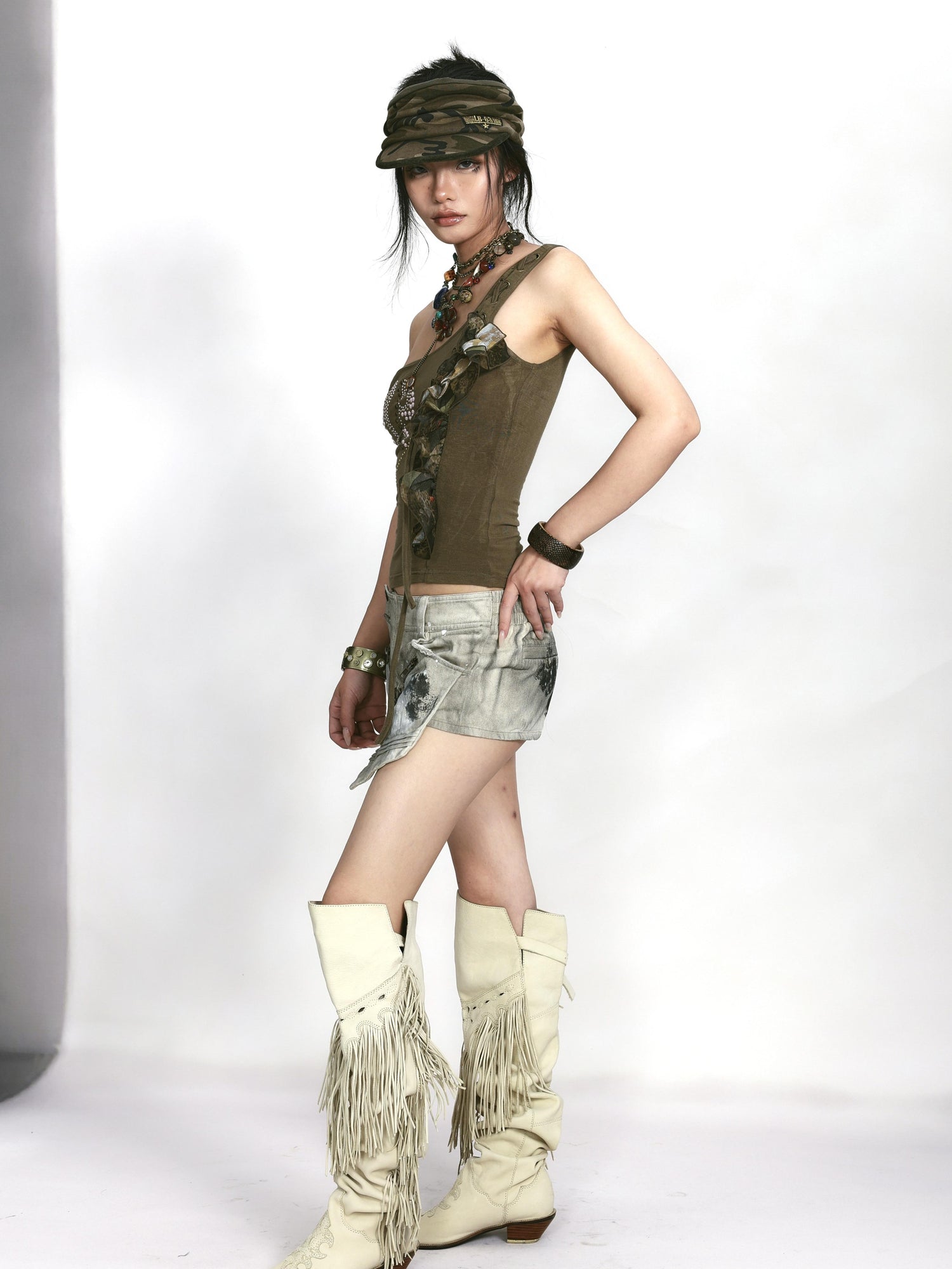 Update OPEN AESTHETIC Stretch Knit Mesh Lace Rhinestone Single Shoulder Top