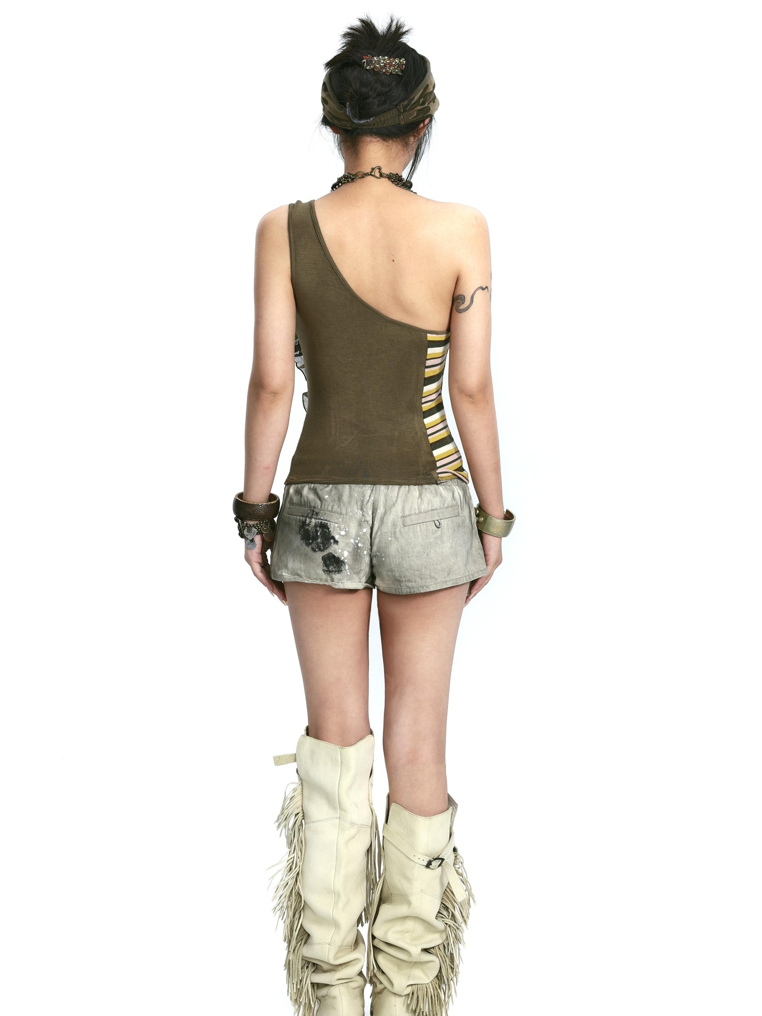 Update OPEN AESTHETIC Stretch Knit Mesh Lace Rhinestone Single Shoulder Top