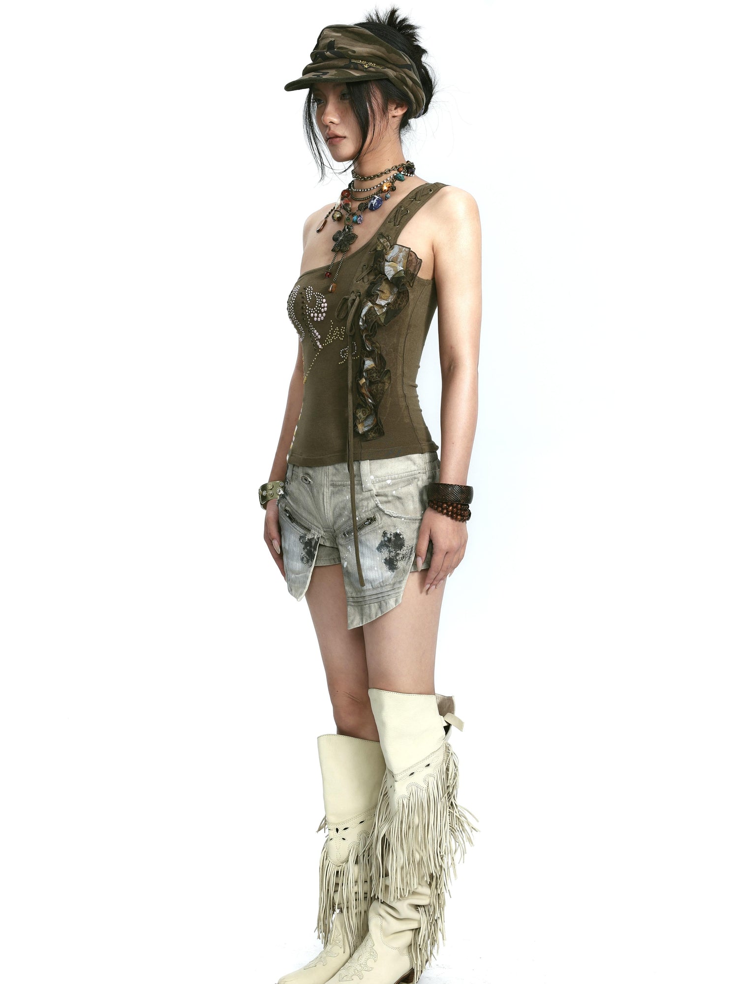 Update OPEN AESTHETIC Stretch Knit Mesh Lace Rhinestone Single Shoulder Top