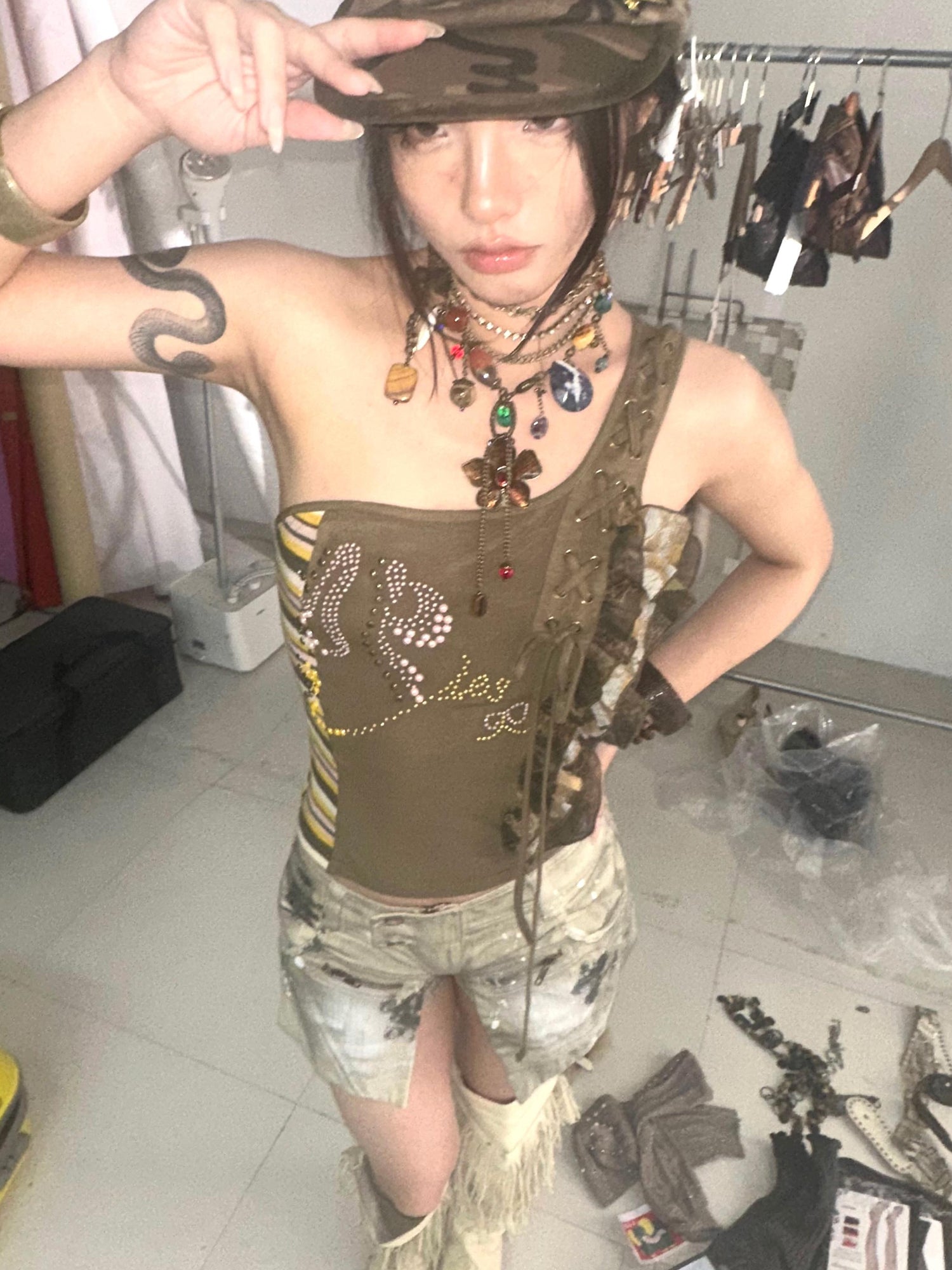 Update OPEN AESTHETIC Stretch Knit Mesh Lace Rhinestone Single Shoulder Top