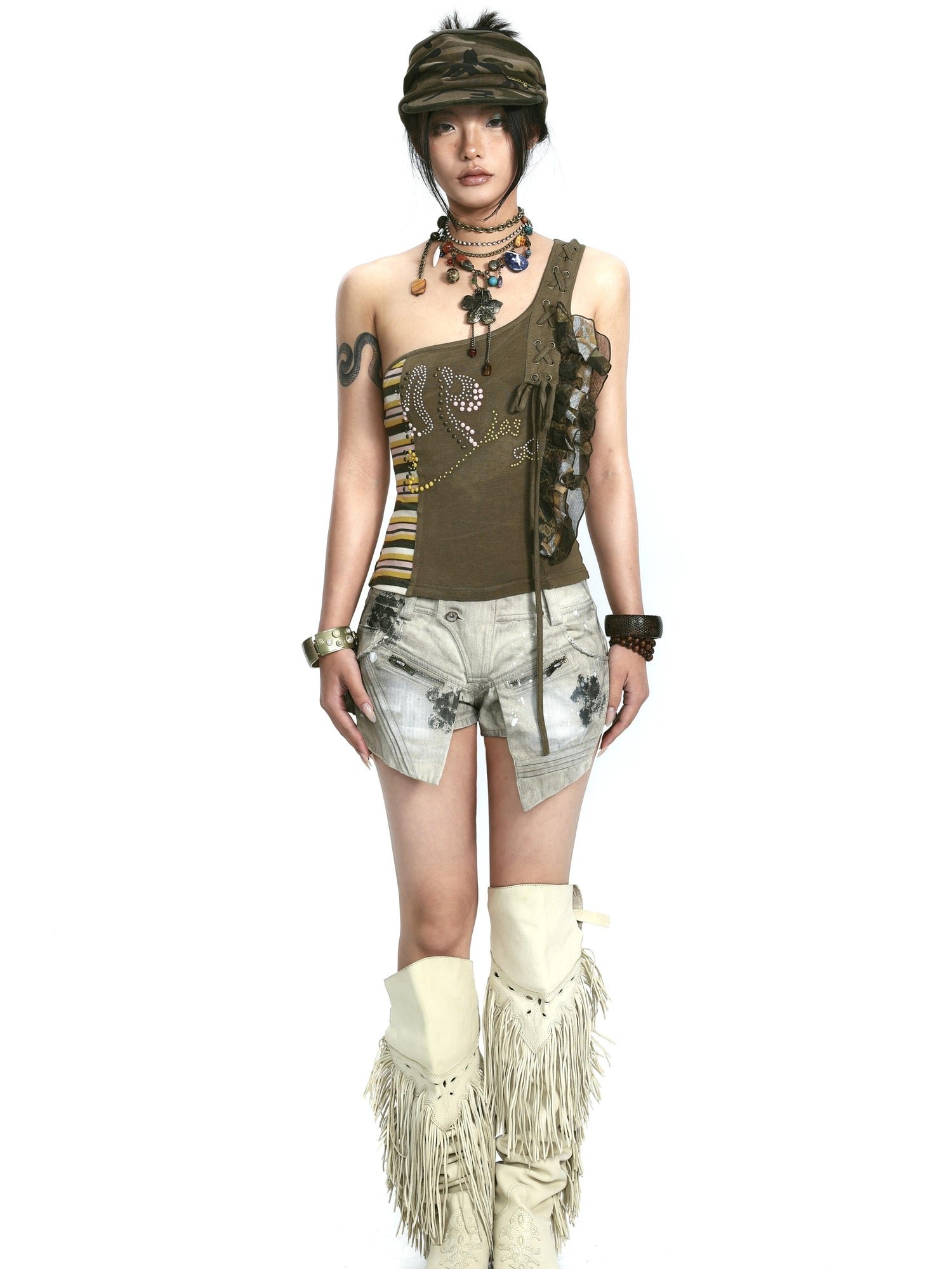 Update OPEN AESTHETIC Stretch Knit Mesh Lace Rhinestone Single Shoulder Top