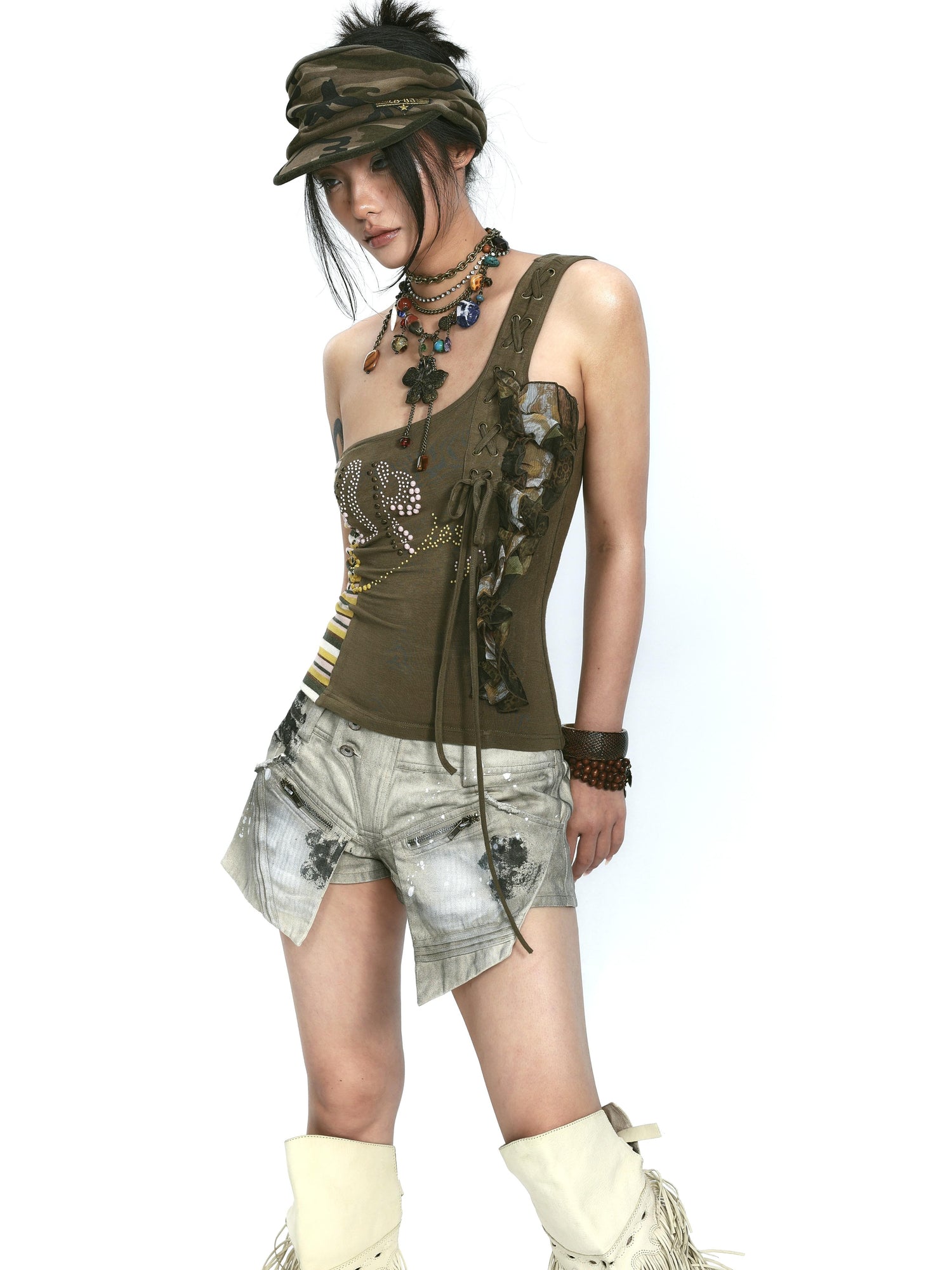 Update OPEN AESTHETIC Stretch Knit Mesh Lace Rhinestone Single Shoulder Top