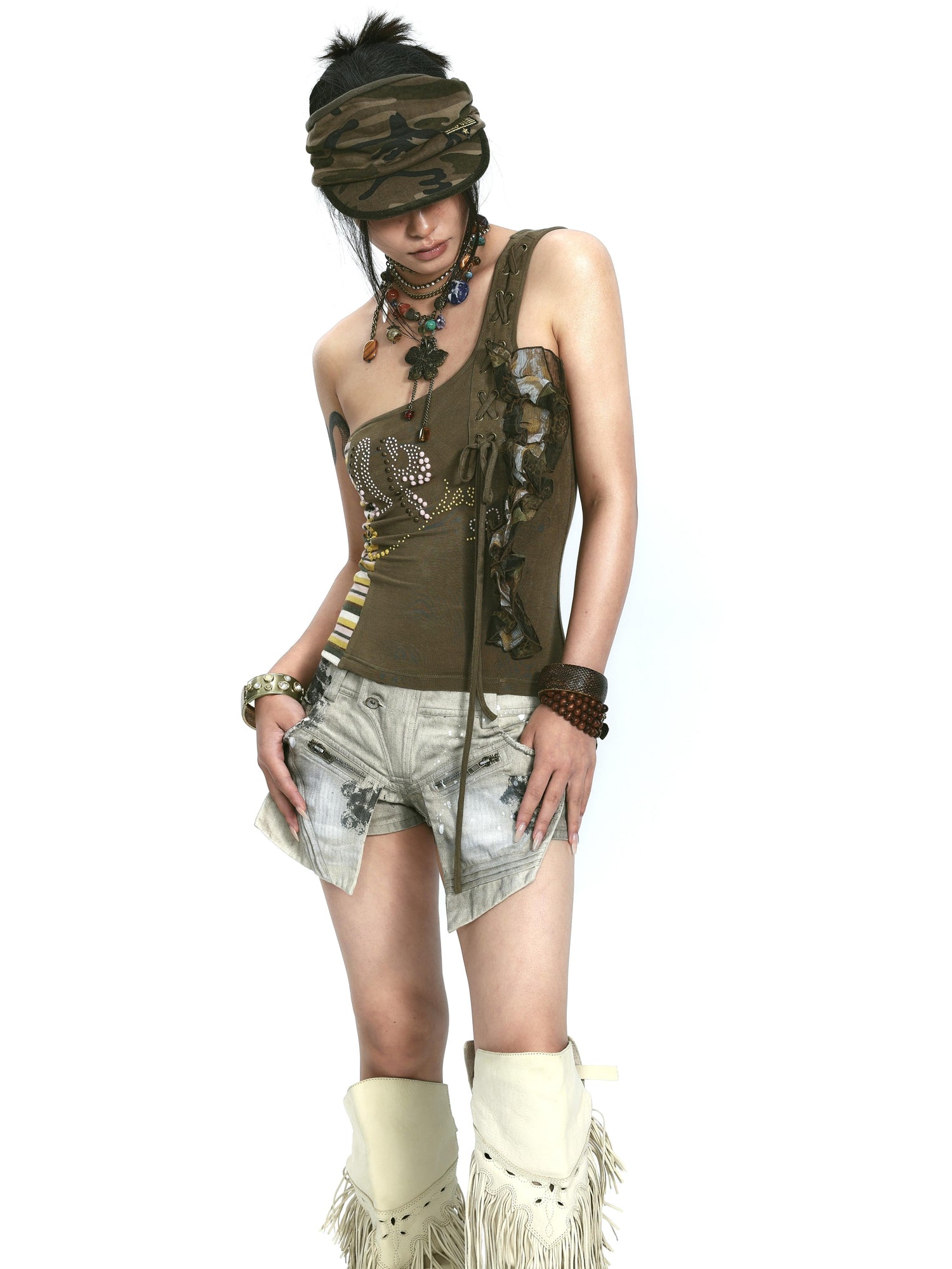 Update OPEN AESTHETIC Stretch Knit Mesh Lace Rhinestone Single Shoulder Top