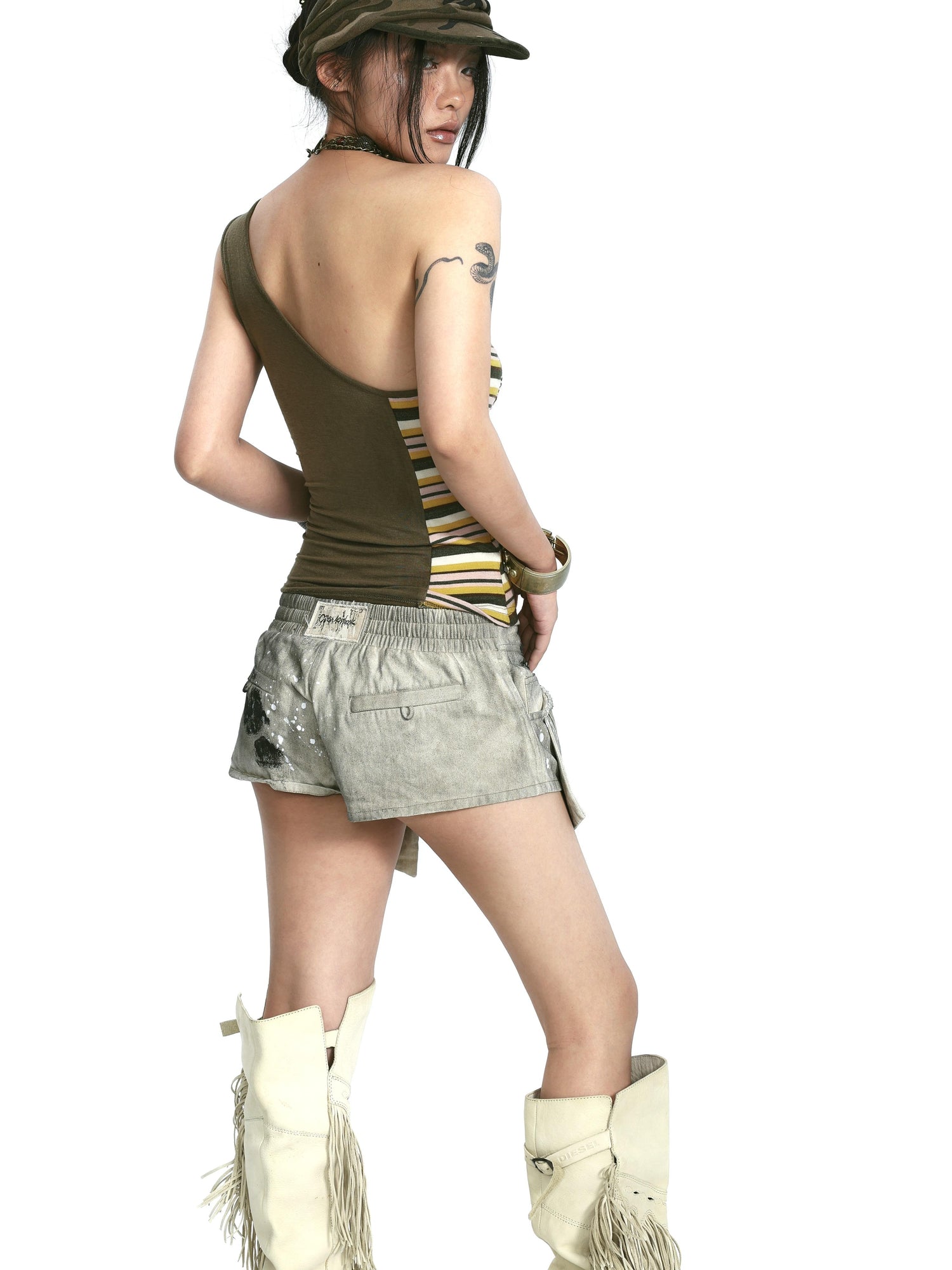 Update OPEN AESTHETIC Stretch Knit Mesh Lace Rhinestone Single Shoulder Top