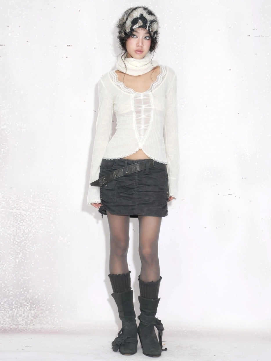 OPEN AESTHETIC Sweet Lace Spliced Cropped Slim Women Long Sleeve Crew Neck White Cotton T-Shirt