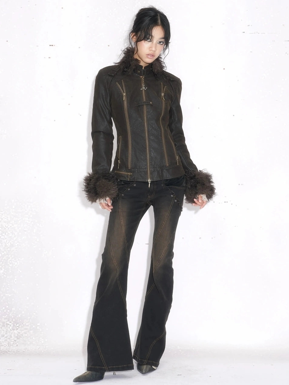 OPEN AESTHETIC Thickened Faux Leather Cropped Slim Fit Stand Collar Zipper Women Brown Jacket