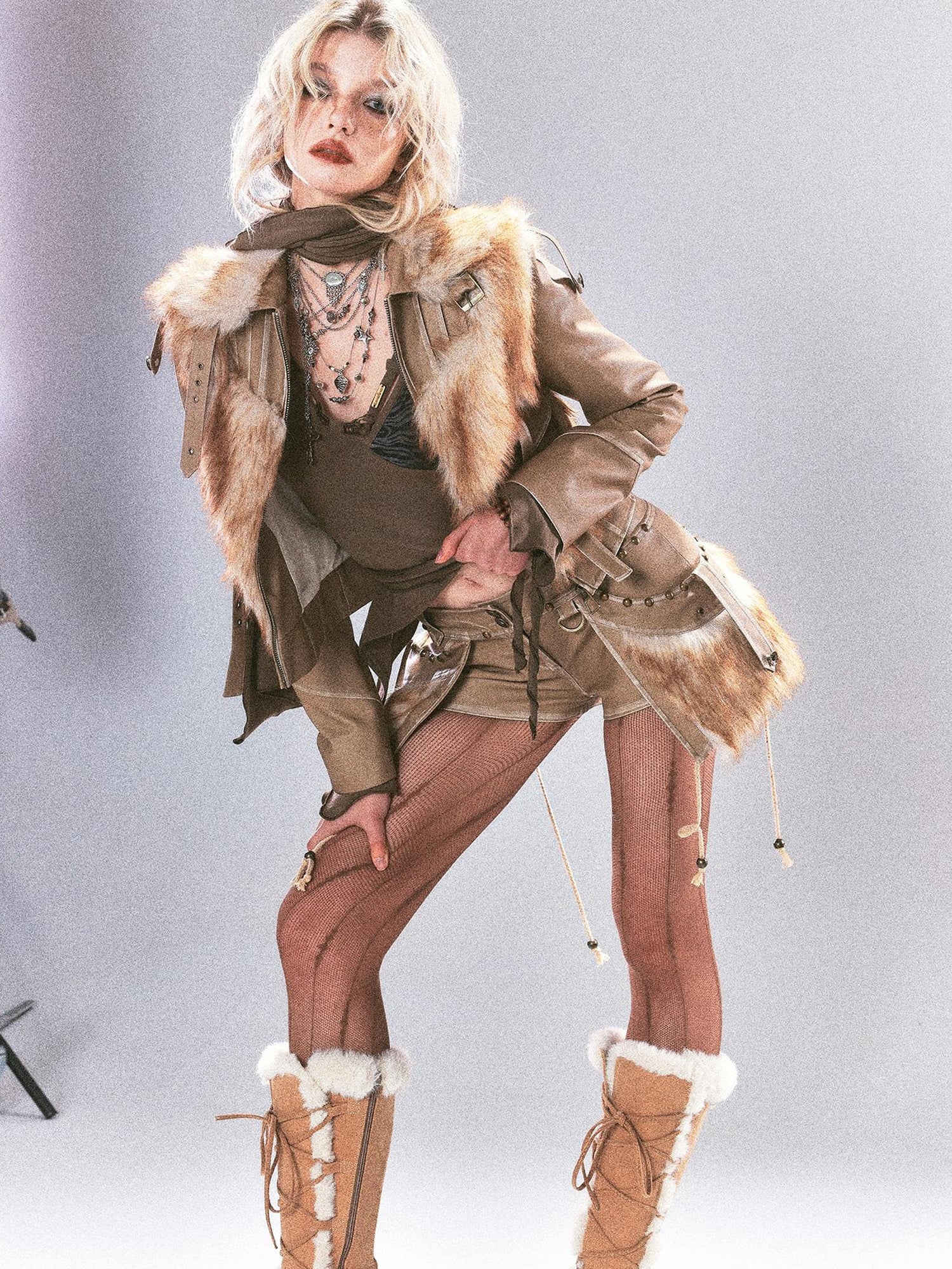 Update OPEN AESTHETIC Vintage Faux Leather Faux Fur Trimmed Rivet Set