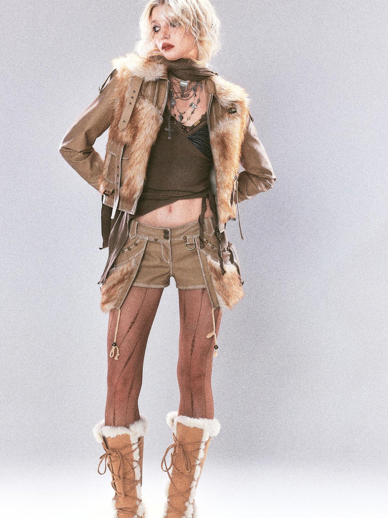 Update OPEN AESTHETIC Vintage Faux Leather Faux Fur Trimmed Rivet Set