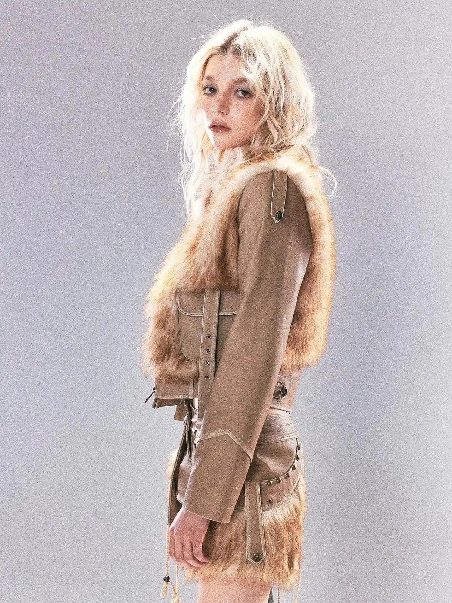 Vintage Faux Leather Faux Fur Trimmed Rivet Set