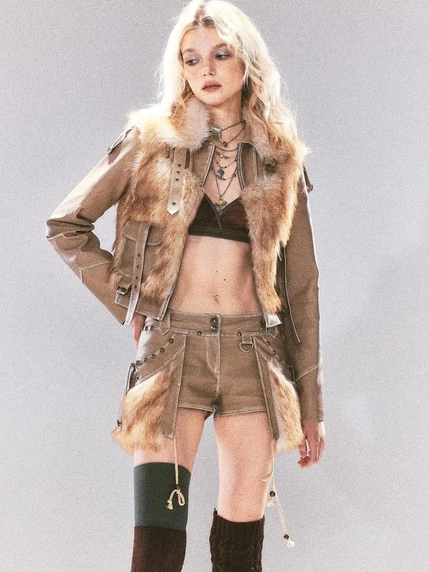 Vintage Faux Leather Faux Fur Trimmed Rivet Set