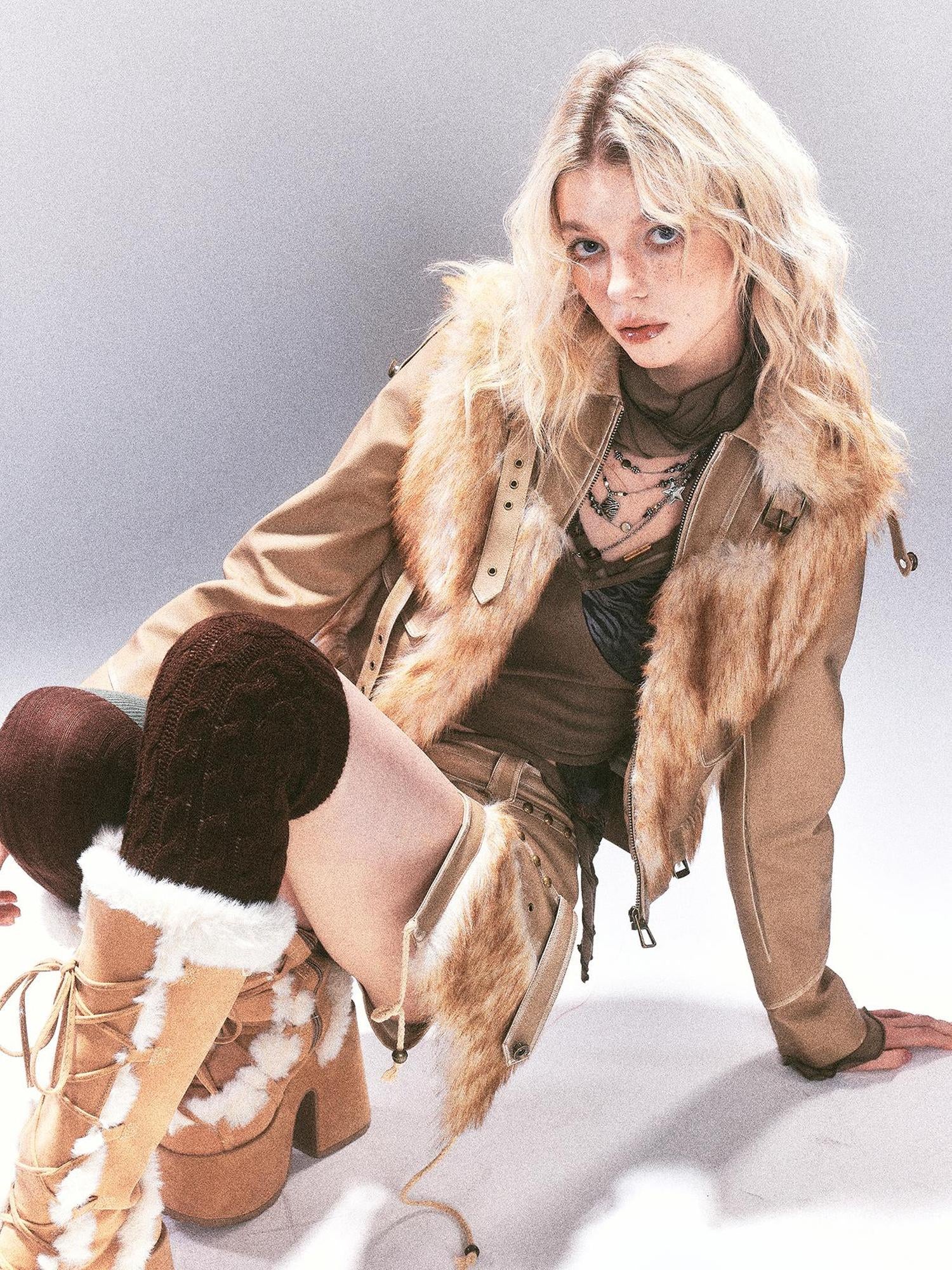 Update OPEN AESTHETIC Vintage Faux Leather Faux Fur Trimmed Rivet Set