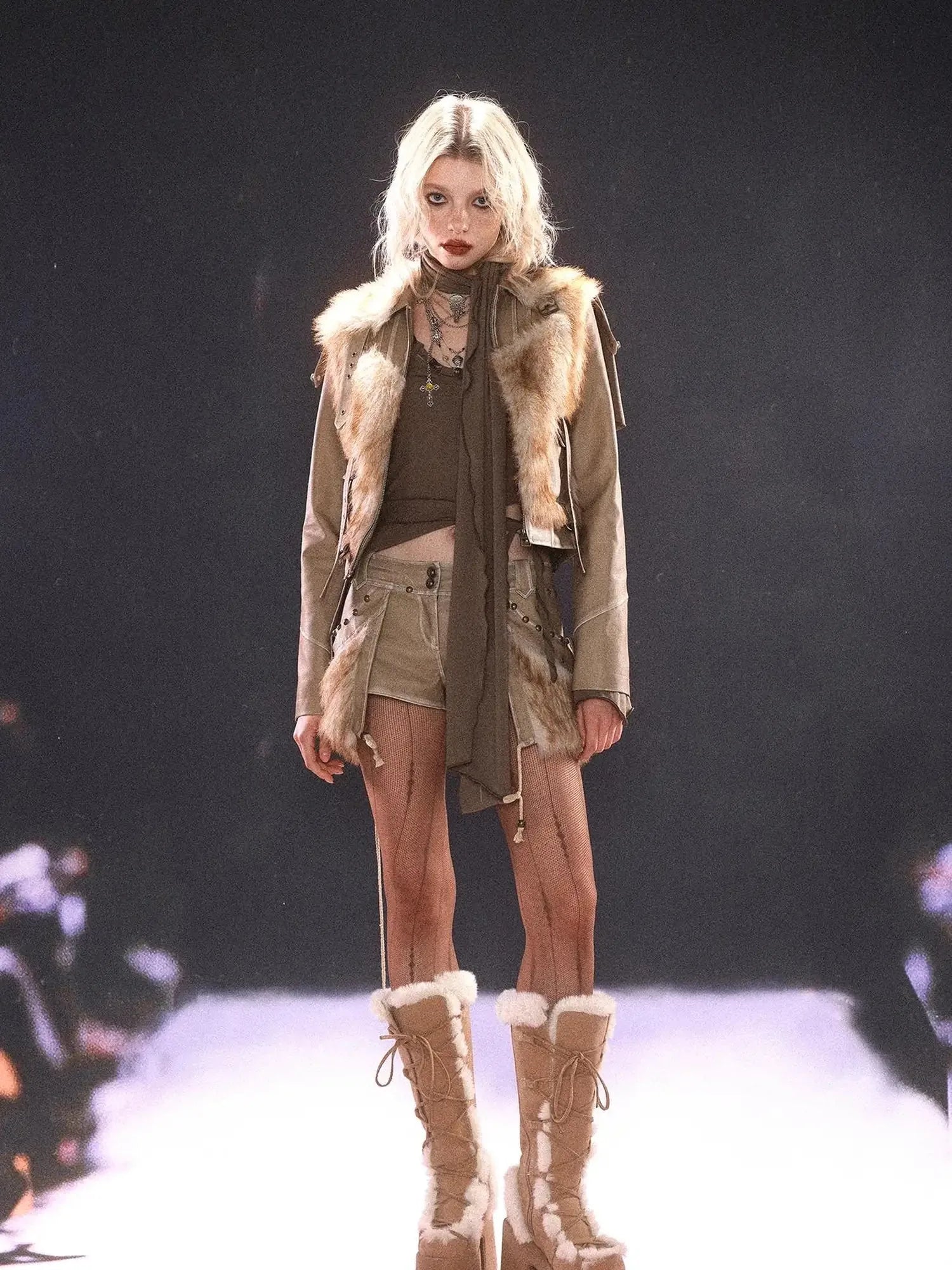 Vintage Faux Leather Faux Fur Trimmed Rivet Set