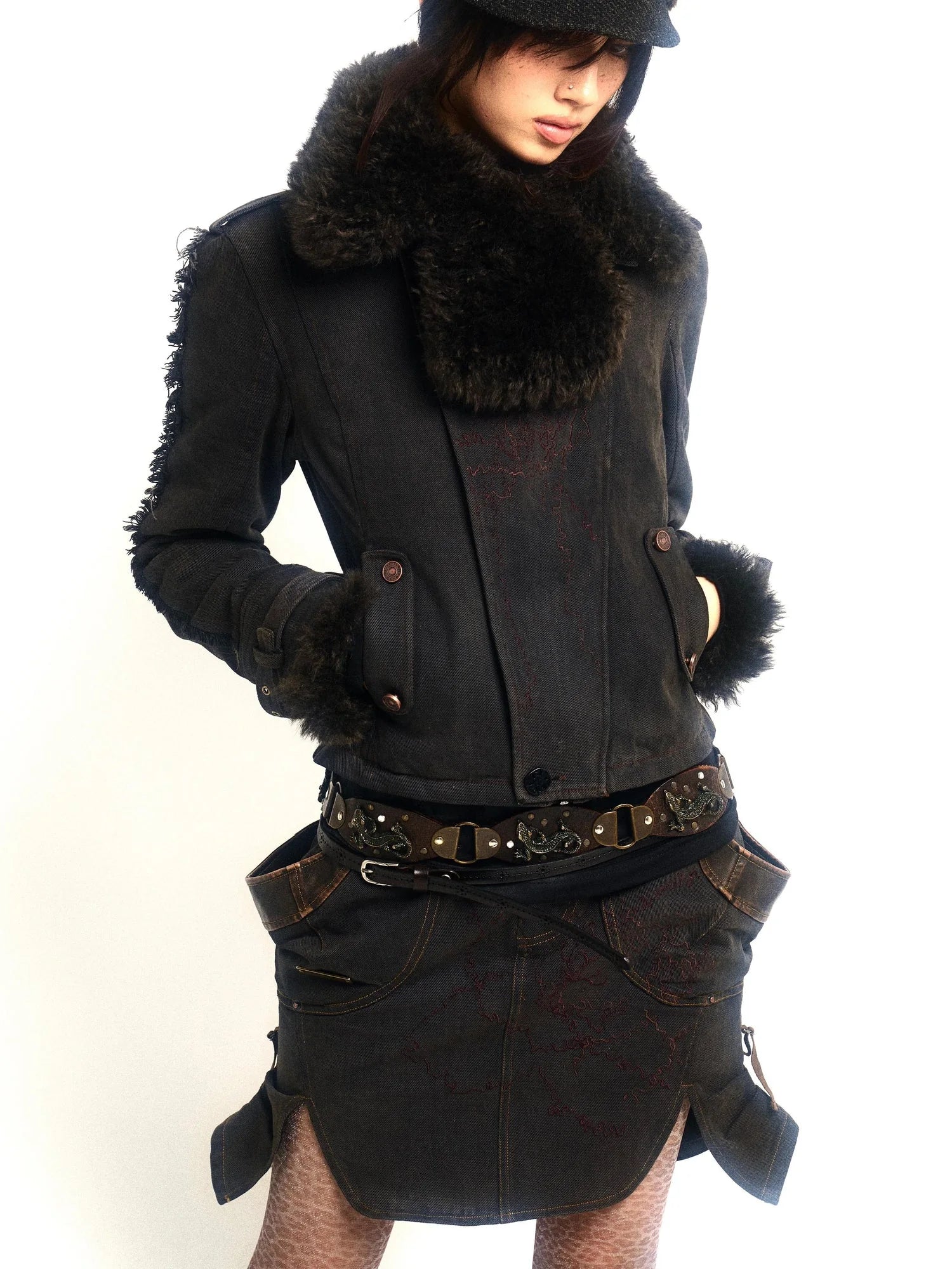 Vintage Washed Embroidered Jacket Skirt Set with Detachable Fur Collar