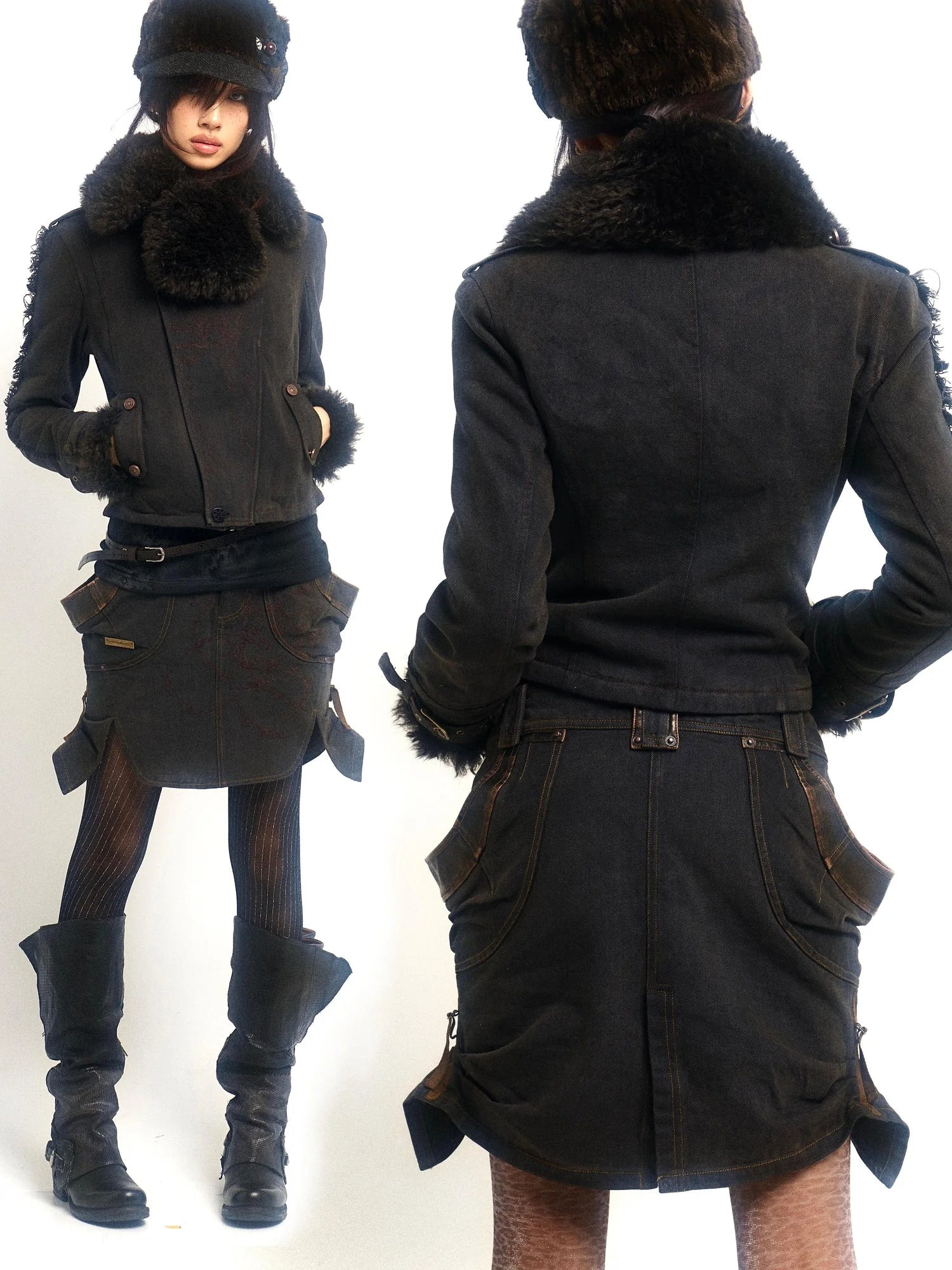 Vintage Washed Embroidered Jacket Skirt Set with Detachable Fur Collar