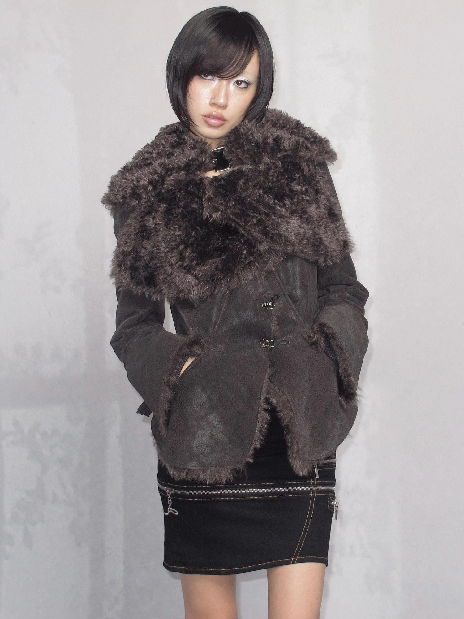 OPEN AESTHETIC Warm Faux Fur Lined Boxy Gothic Lapel Long Sleeve Women Black Purple Jacket