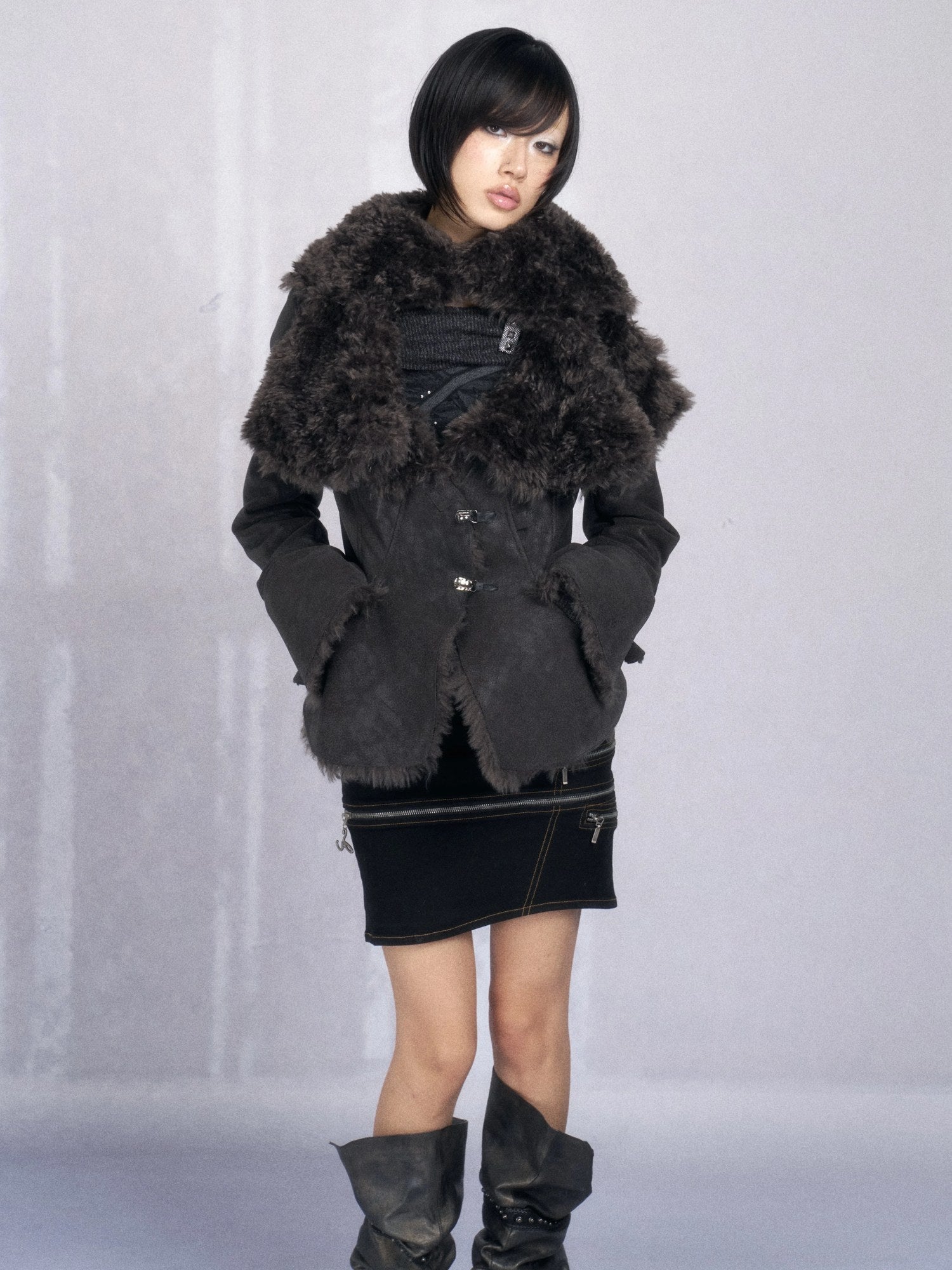 OPEN AESTHETIC Warm Faux Fur Lined Boxy Gothic Lapel Long Sleeve Women Black Purple Jacket