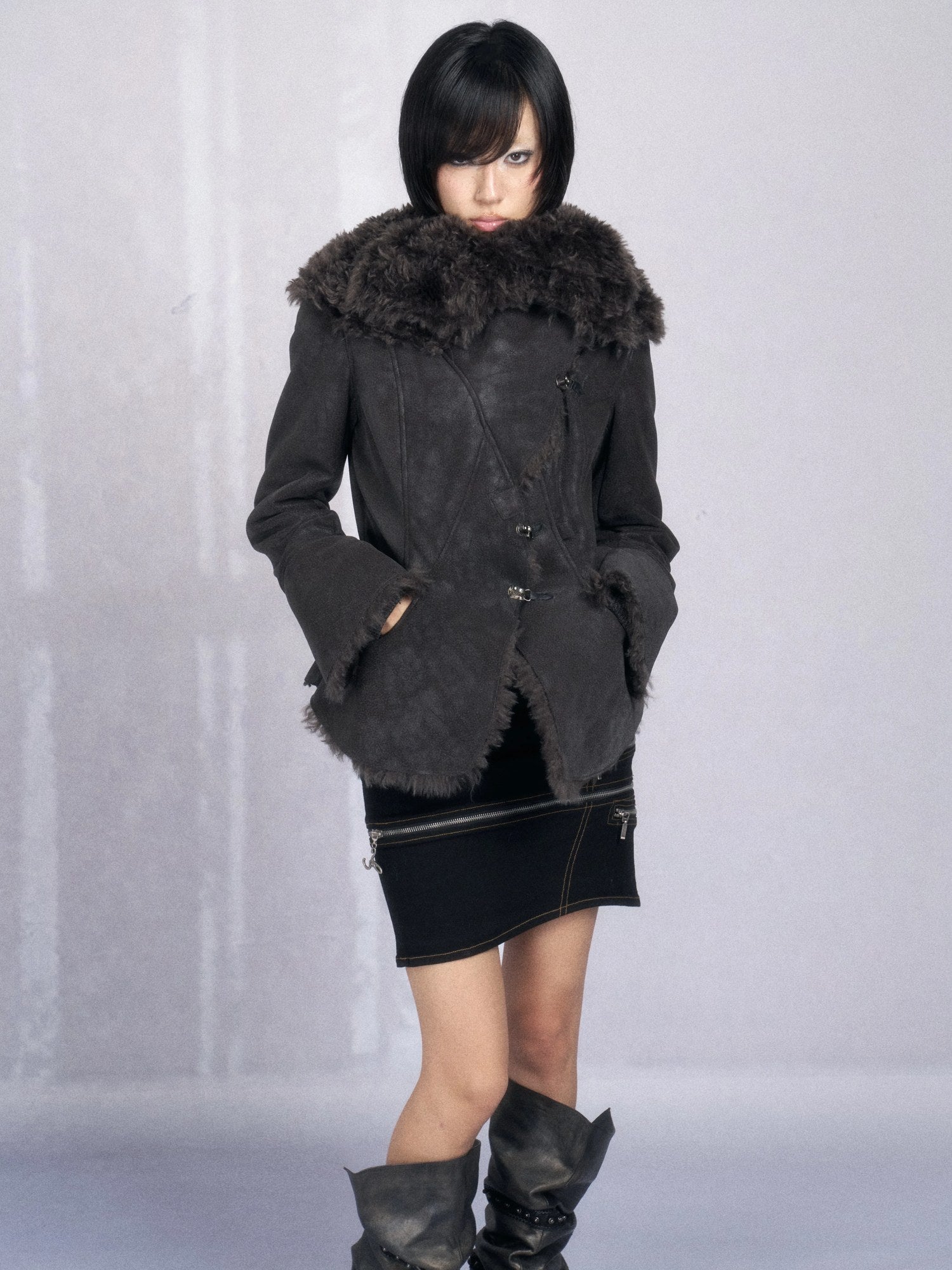 OPEN AESTHETIC Warm Faux Fur Lined Boxy Gothic Lapel Long Sleeve Women Black Purple Jacket