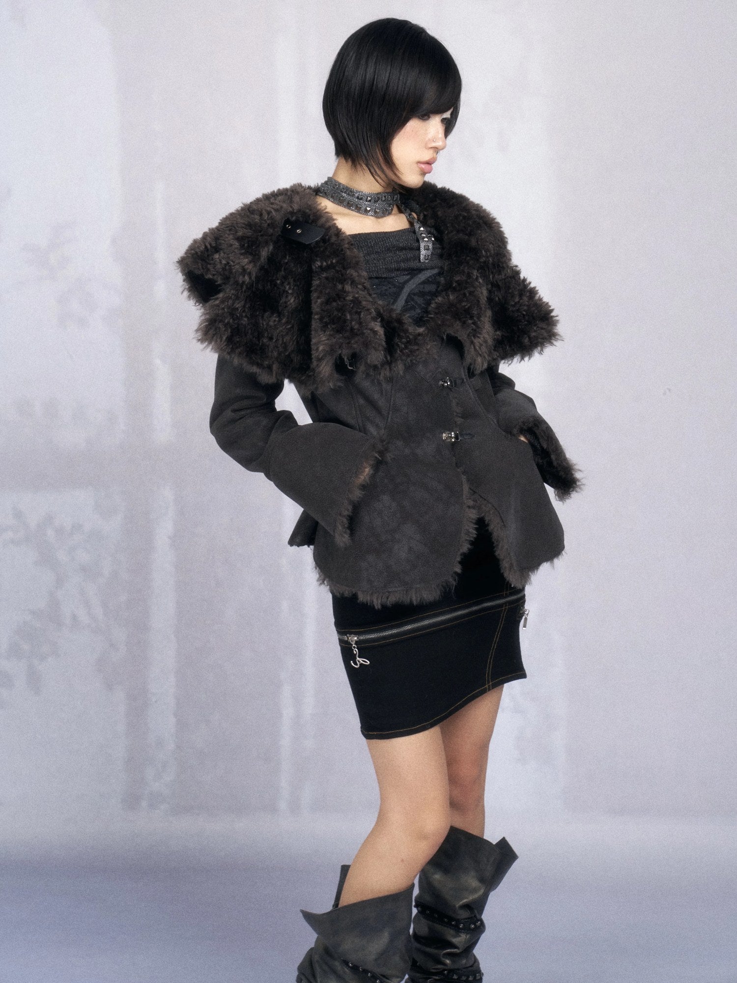OPEN AESTHETIC Warm Faux Fur Lined Boxy Gothic Lapel Long Sleeve Women Black Purple Jacket