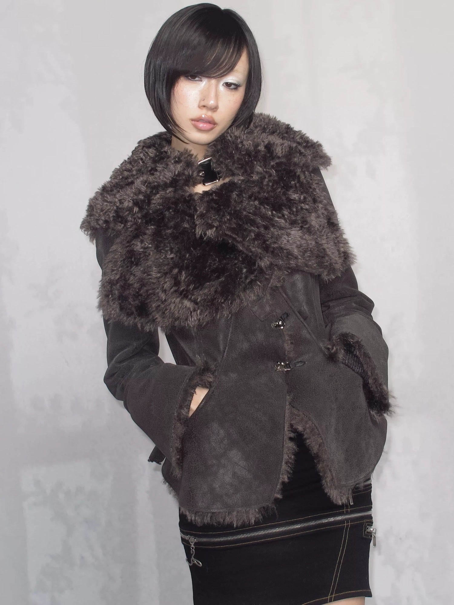 OPEN AESTHETIC Warm Faux Fur Lined Boxy Gothic Lapel Long Sleeve Women Black Purple Jacket