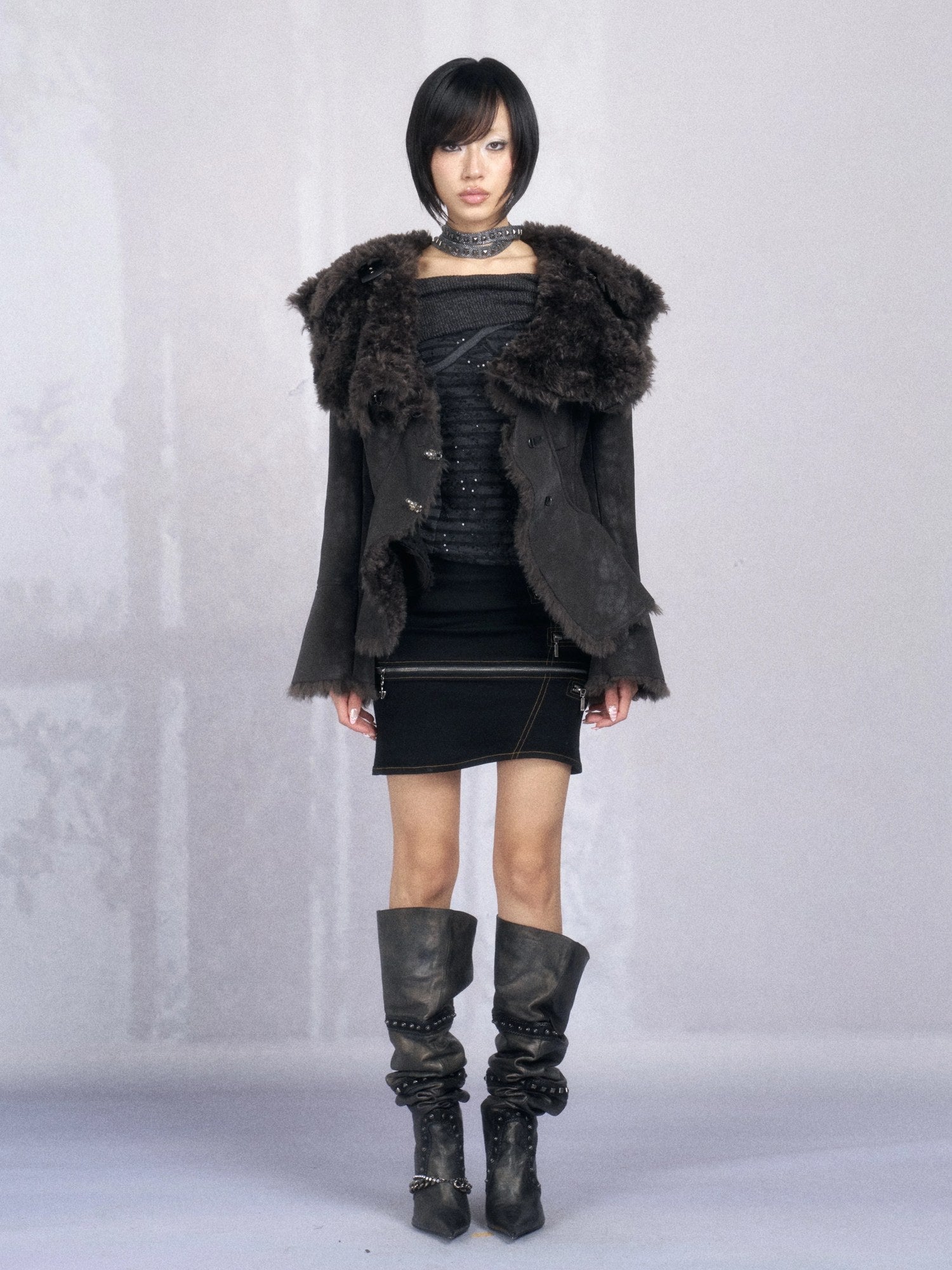 OPEN AESTHETIC Warm Faux Fur Lined Boxy Gothic Lapel Long Sleeve Women Black Purple Jacket