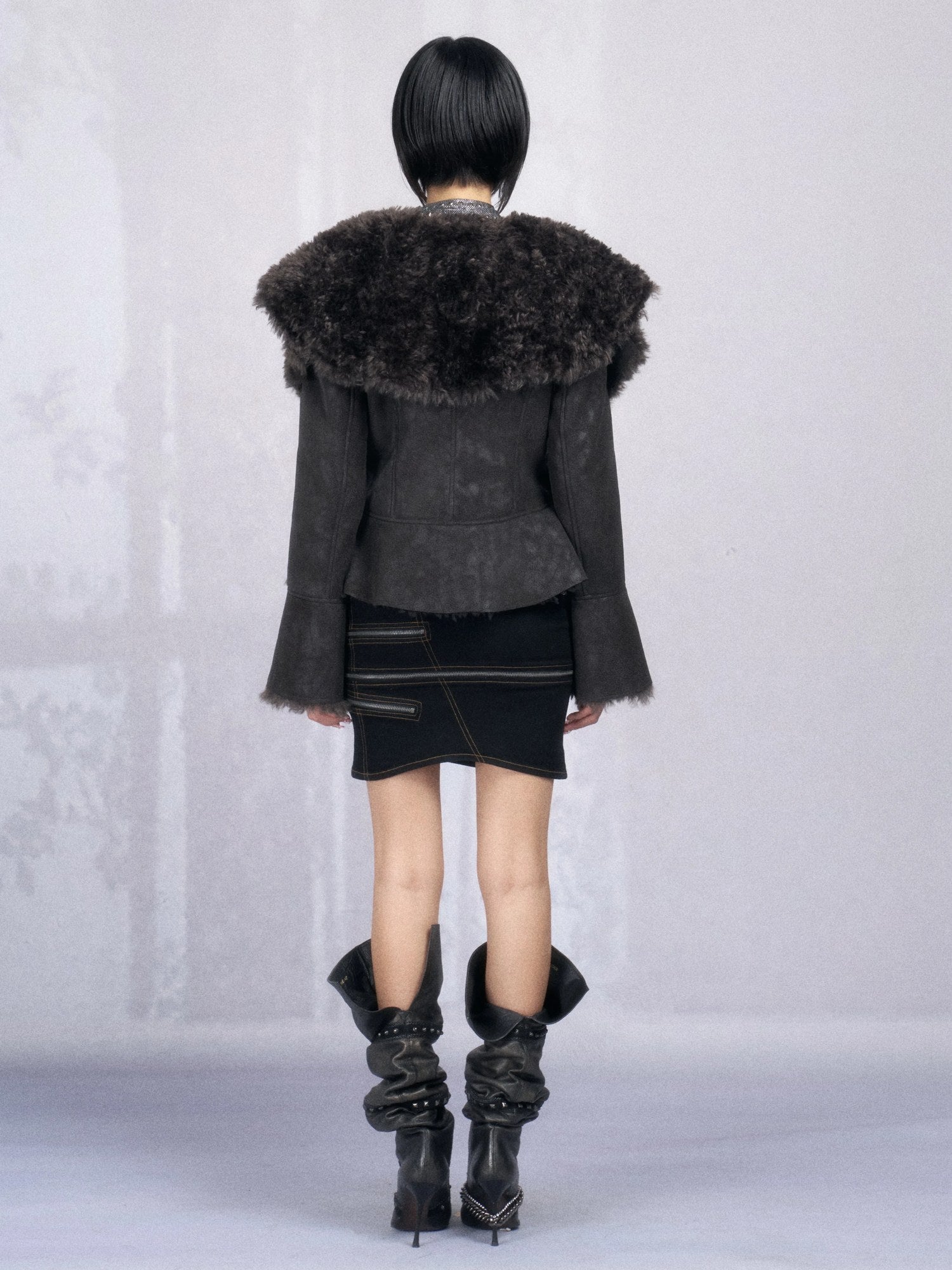 OPEN AESTHETIC Warm Faux Fur Lined Boxy Gothic Lapel Long Sleeve Women Black Purple Jacket