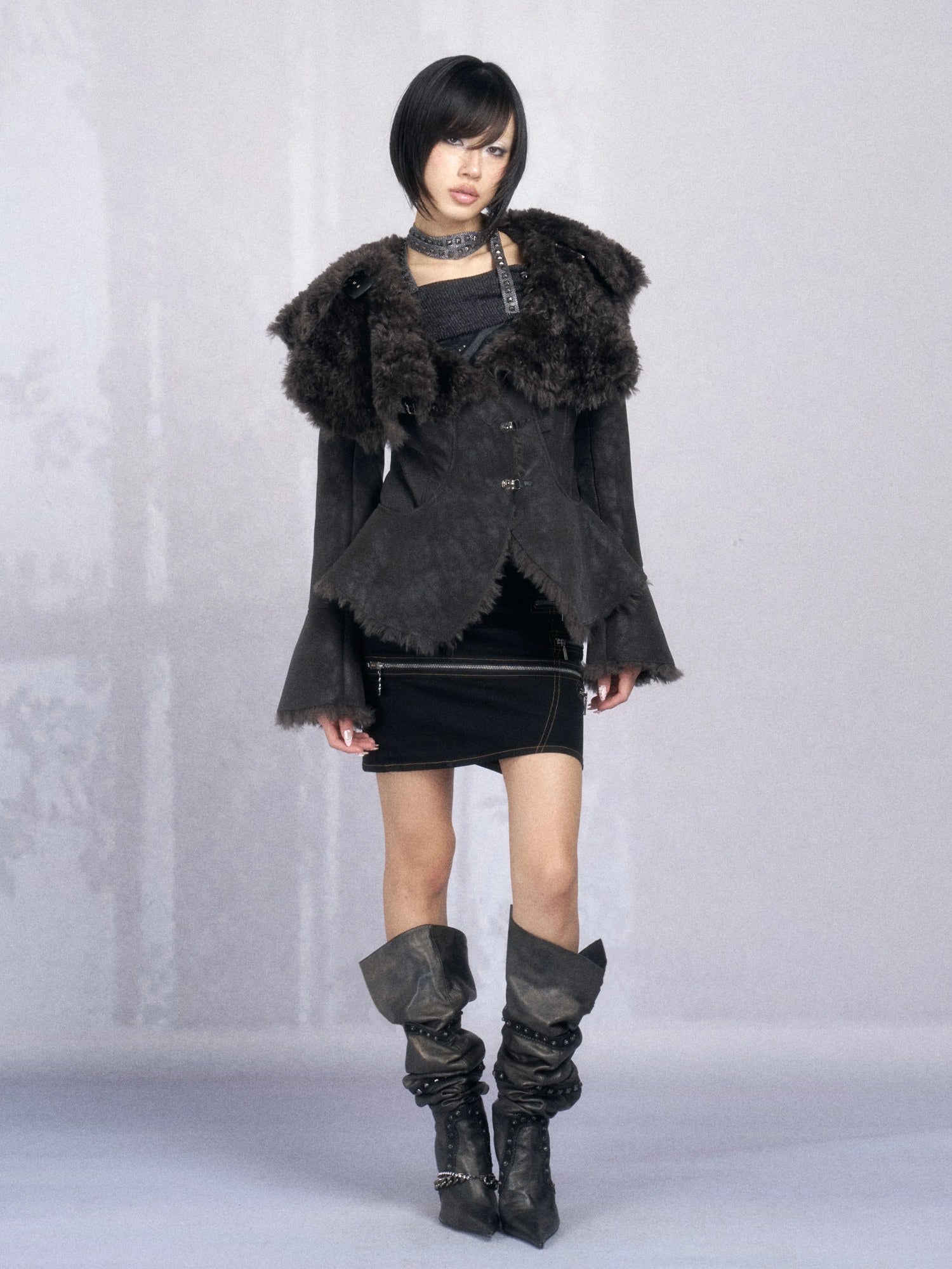 OPEN AESTHETIC Warm Faux Fur Lined Boxy Gothic Lapel Long Sleeve Women Black Purple Jacket