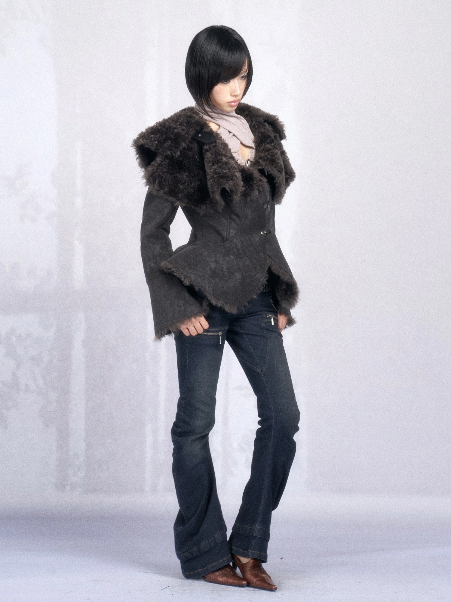 OPEN AESTHETIC Warm Faux Fur Lined Boxy Gothic Lapel Long Sleeve Women Black Purple Jacket