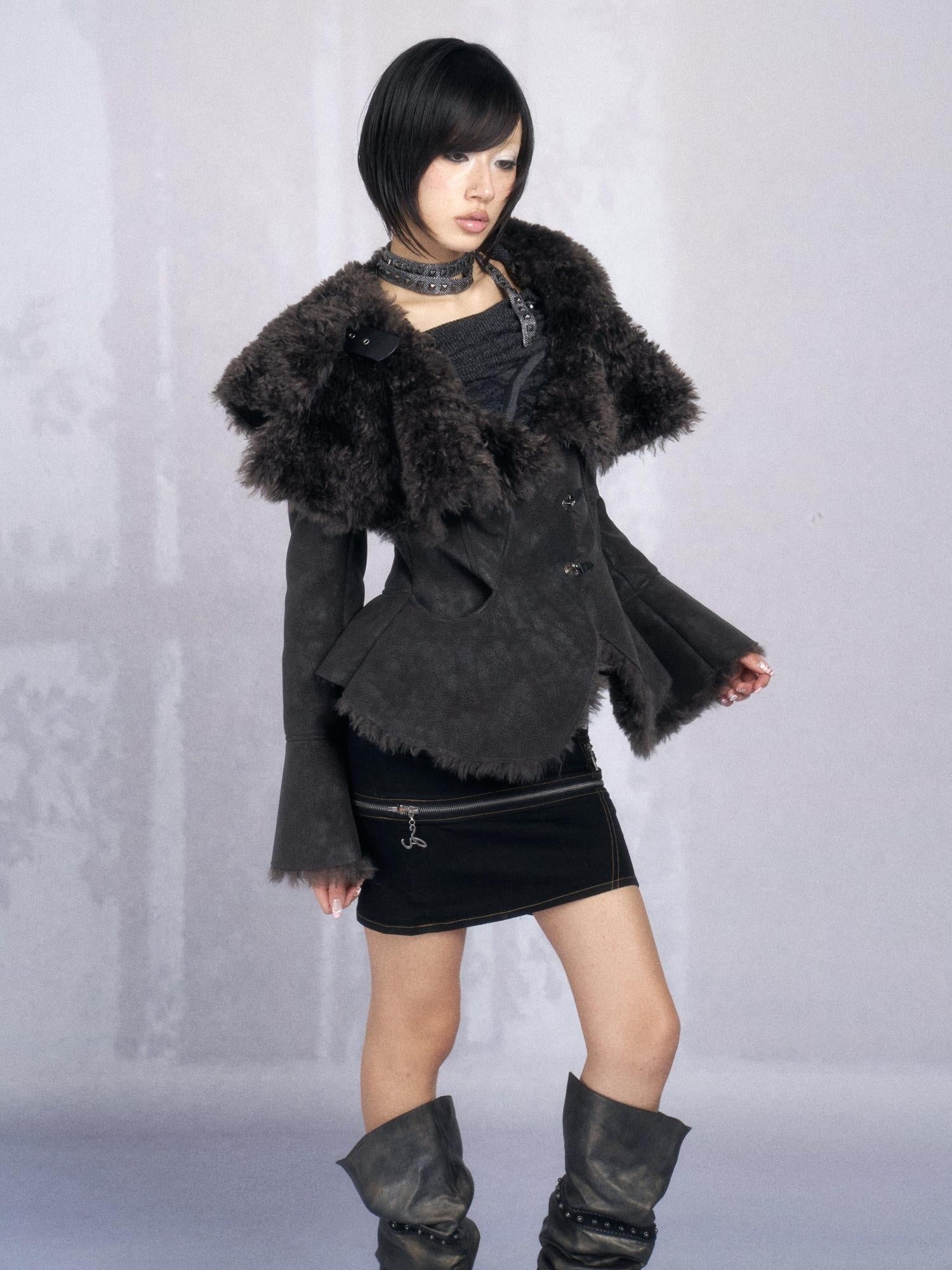 OPEN AESTHETIC Warm Faux Fur Lined Boxy Gothic Lapel Long Sleeve Women Black Purple Jacket