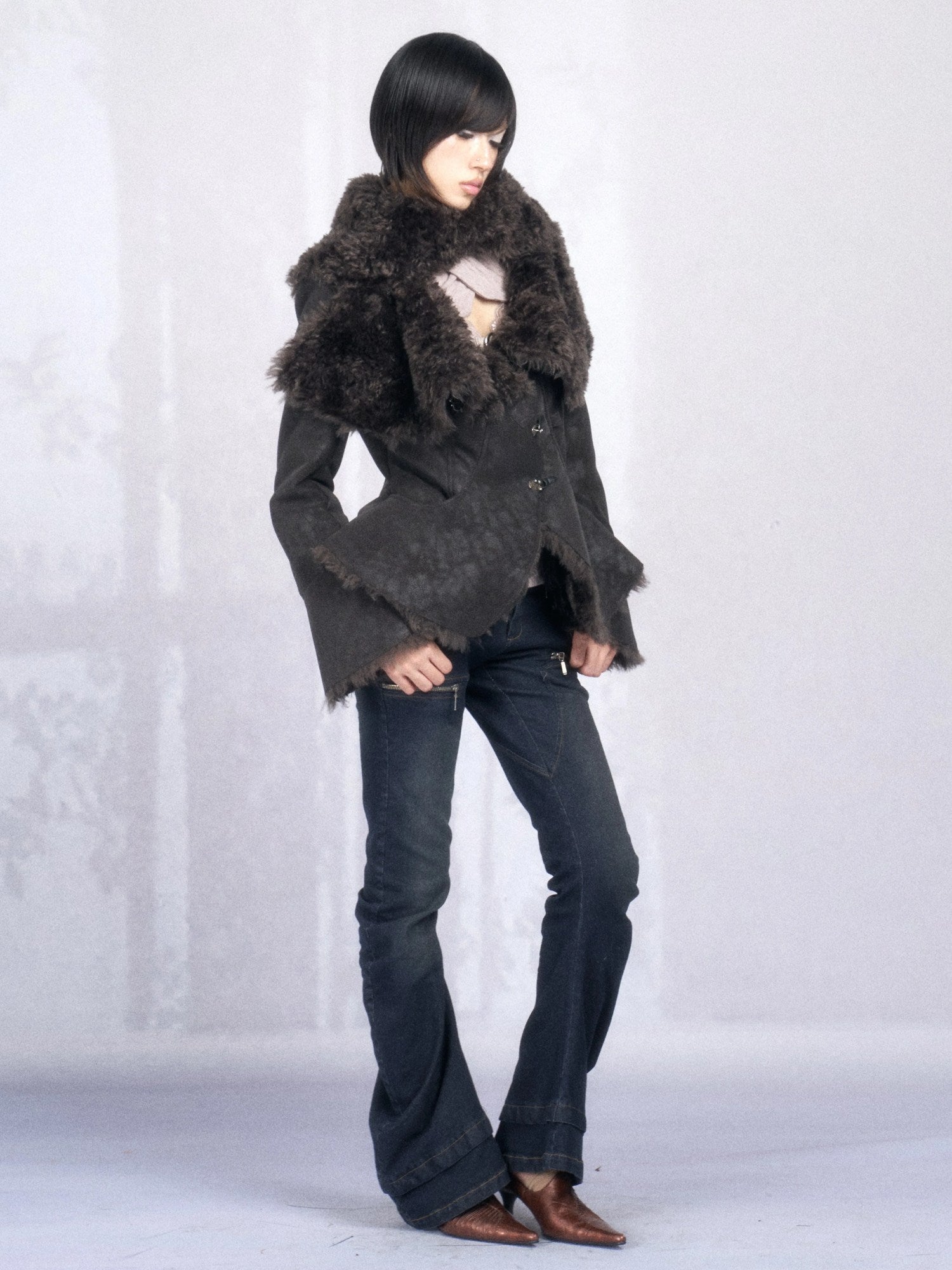 OPEN AESTHETIC Warm Faux Fur Lined Boxy Gothic Lapel Long Sleeve Women Black Purple Jacket
