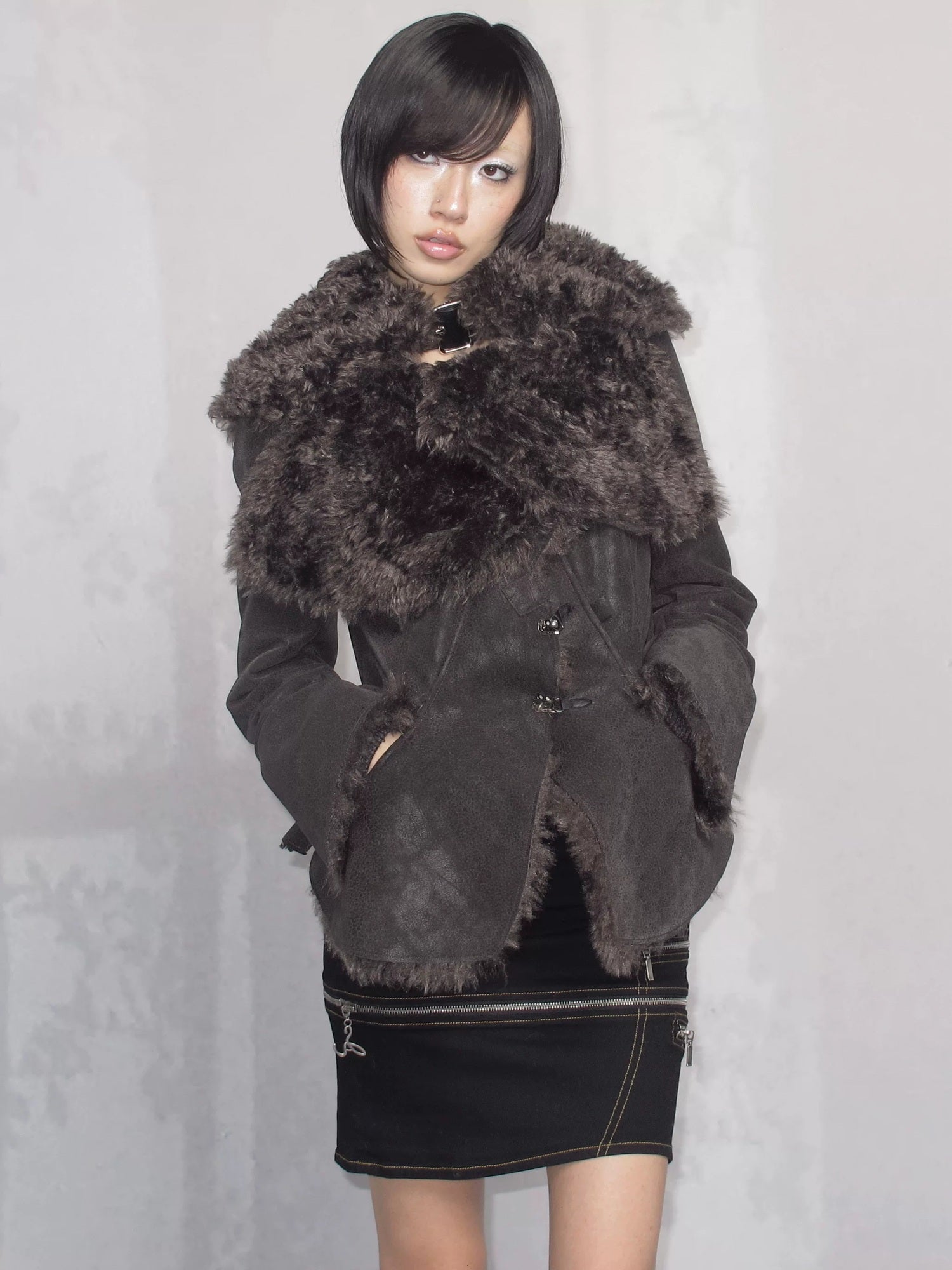 OPEN AESTHETIC Warm Faux Fur Lined Boxy Gothic Lapel Long Sleeve Women Black Purple Jacket