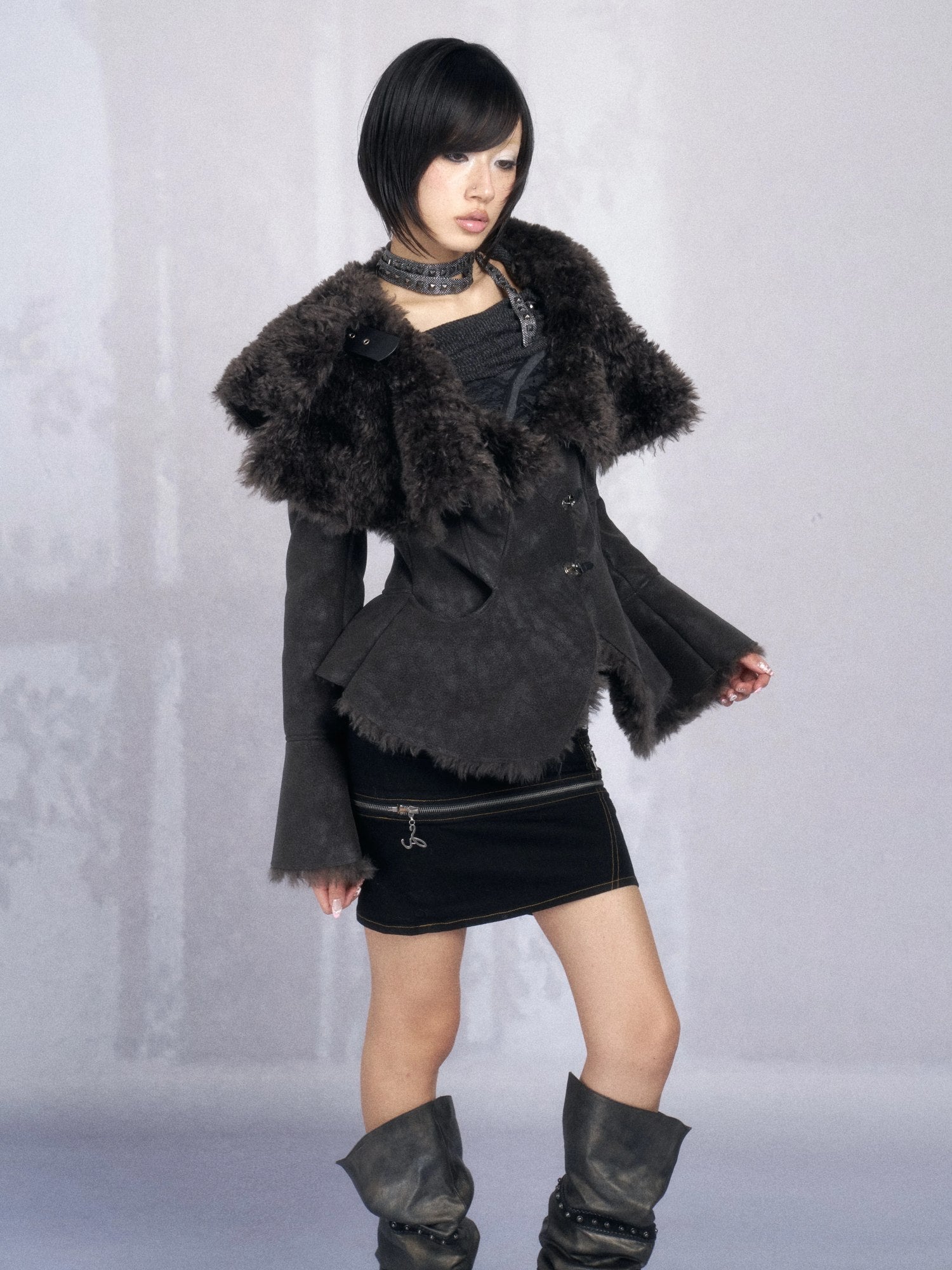 OPEN AESTHETIC Warm Faux Fur Lined Boxy Gothic Lapel Long Sleeve Women Black Purple Jacket