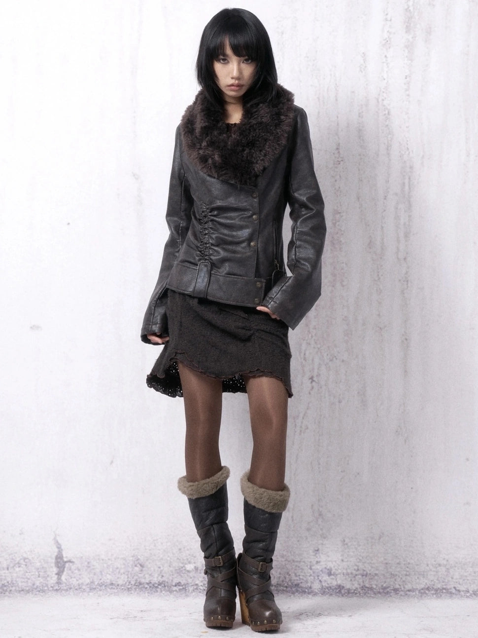 OPEN AESTHETIC Warm Pu Leather Slim Fit Fur Collar Lapel Vintage Women Pebble Grain Jacket