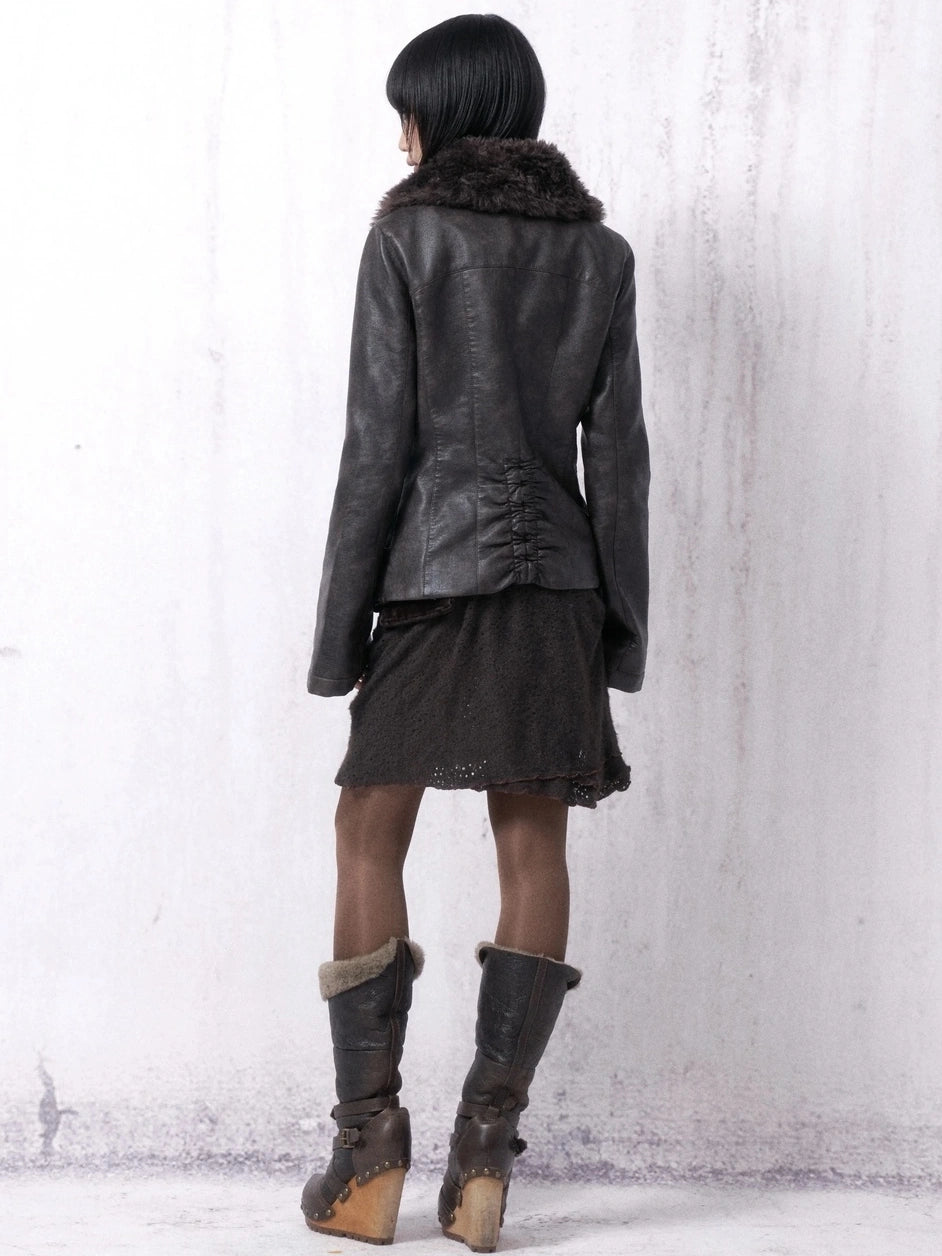 OPEN AESTHETIC Warm Pu Leather Slim Fit Fur Collar Lapel Vintage Women Pebble Grain Jacket