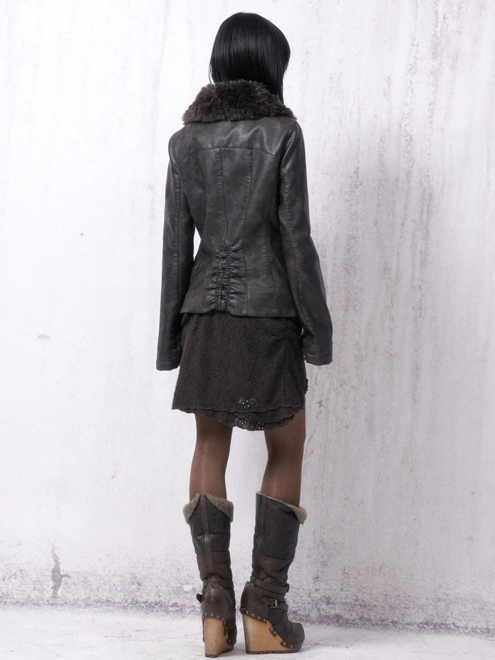 OPEN AESTHETIC Warm Pu Leather Slim Fit Fur Collar Lapel Vintage Women Pebble Grain Jacket