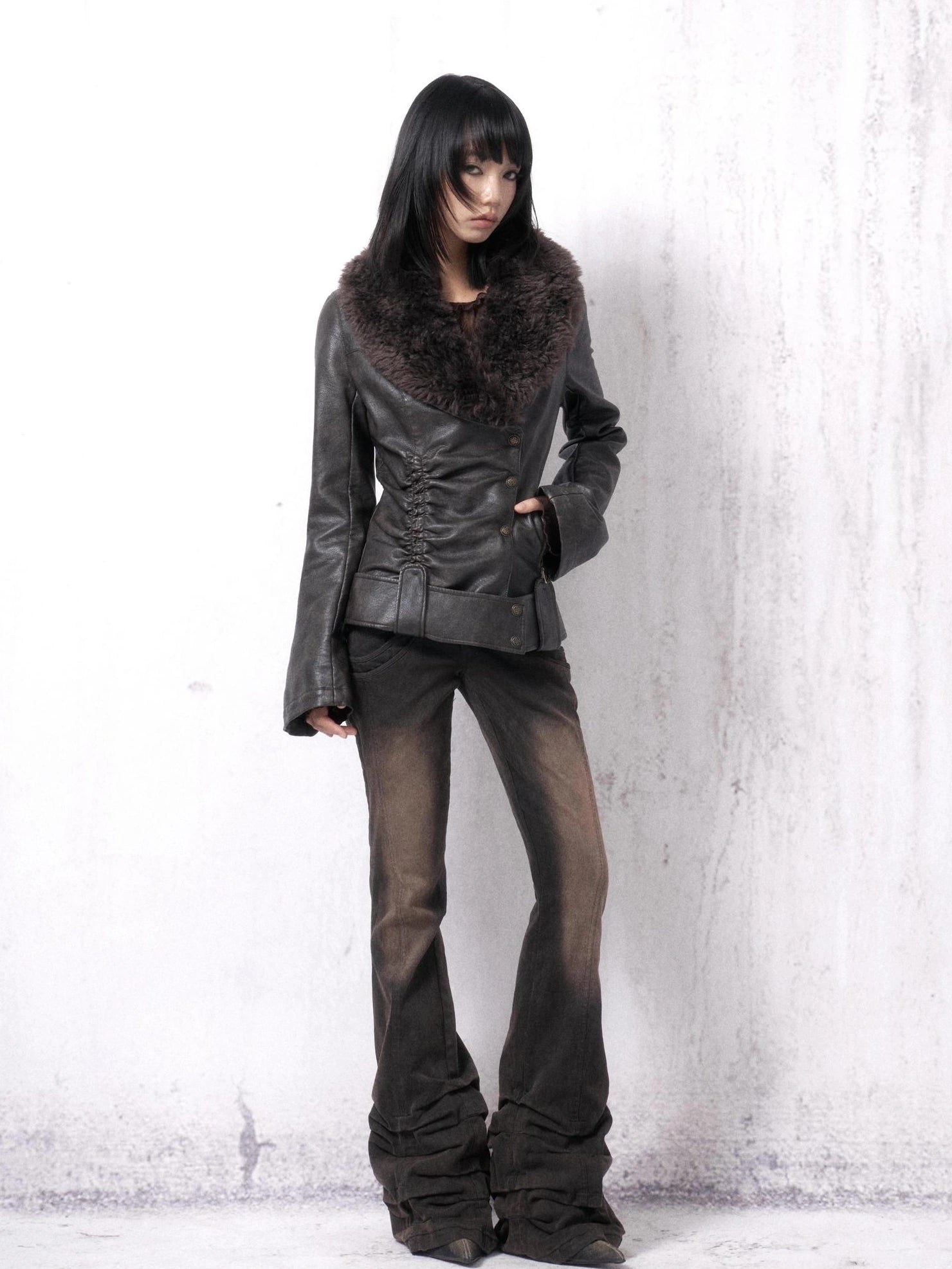 OPEN AESTHETIC Warm Pu Leather Slim Fit Fur Collar Lapel Vintage Women Pebble Grain Jacket