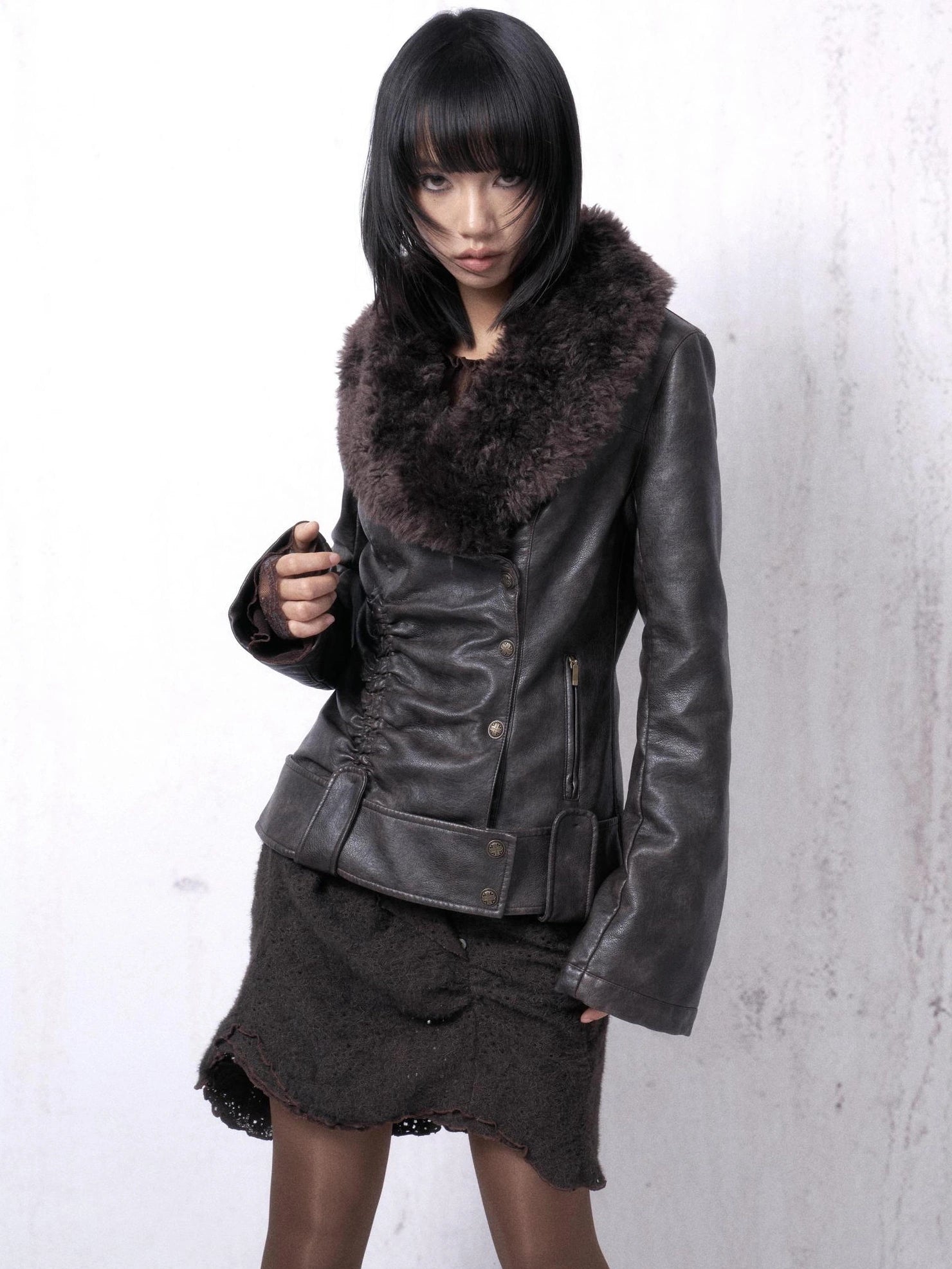OPEN AESTHETIC Warm Pu Leather Slim Fit Fur Collar Lapel Vintage Women Pebble Grain Jacket
