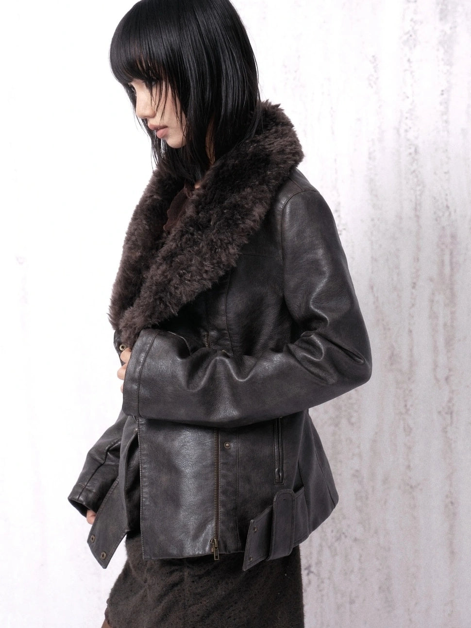 OPEN AESTHETIC Warm Pu Leather Slim Fit Fur Collar Lapel Vintage Women Pebble Grain Jacket