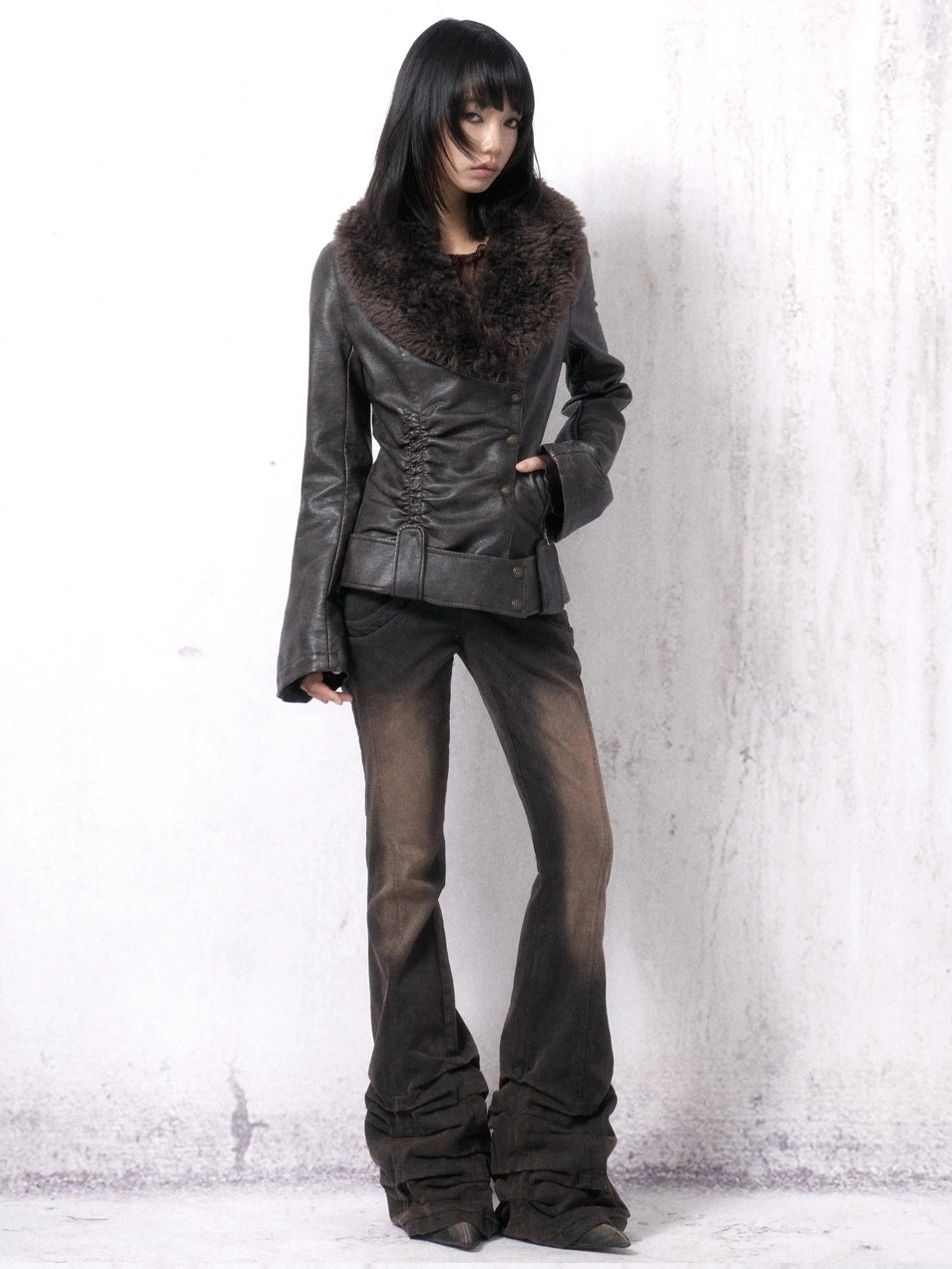 OPEN AESTHETIC Warm Pu Leather Slim Fit Fur Collar Lapel Vintage Women Pebble Grain Jacket